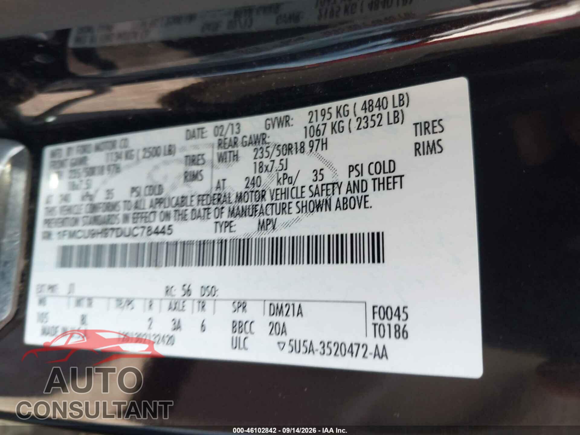 FORD ESCAPE 2013 - 1FMCU9H97DUC78445