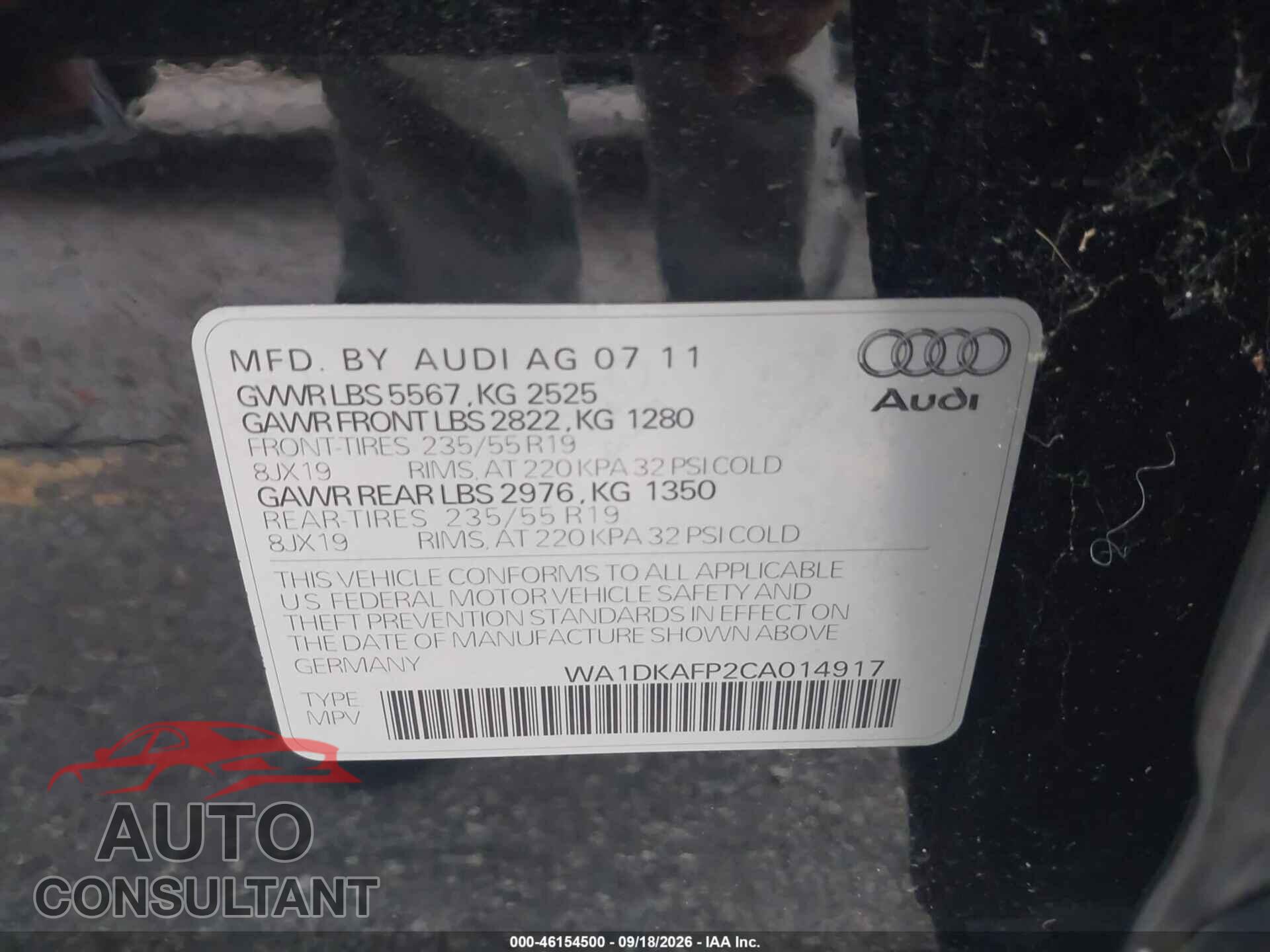 AUDI Q5 2012 - WA1DKAFP2CA014917