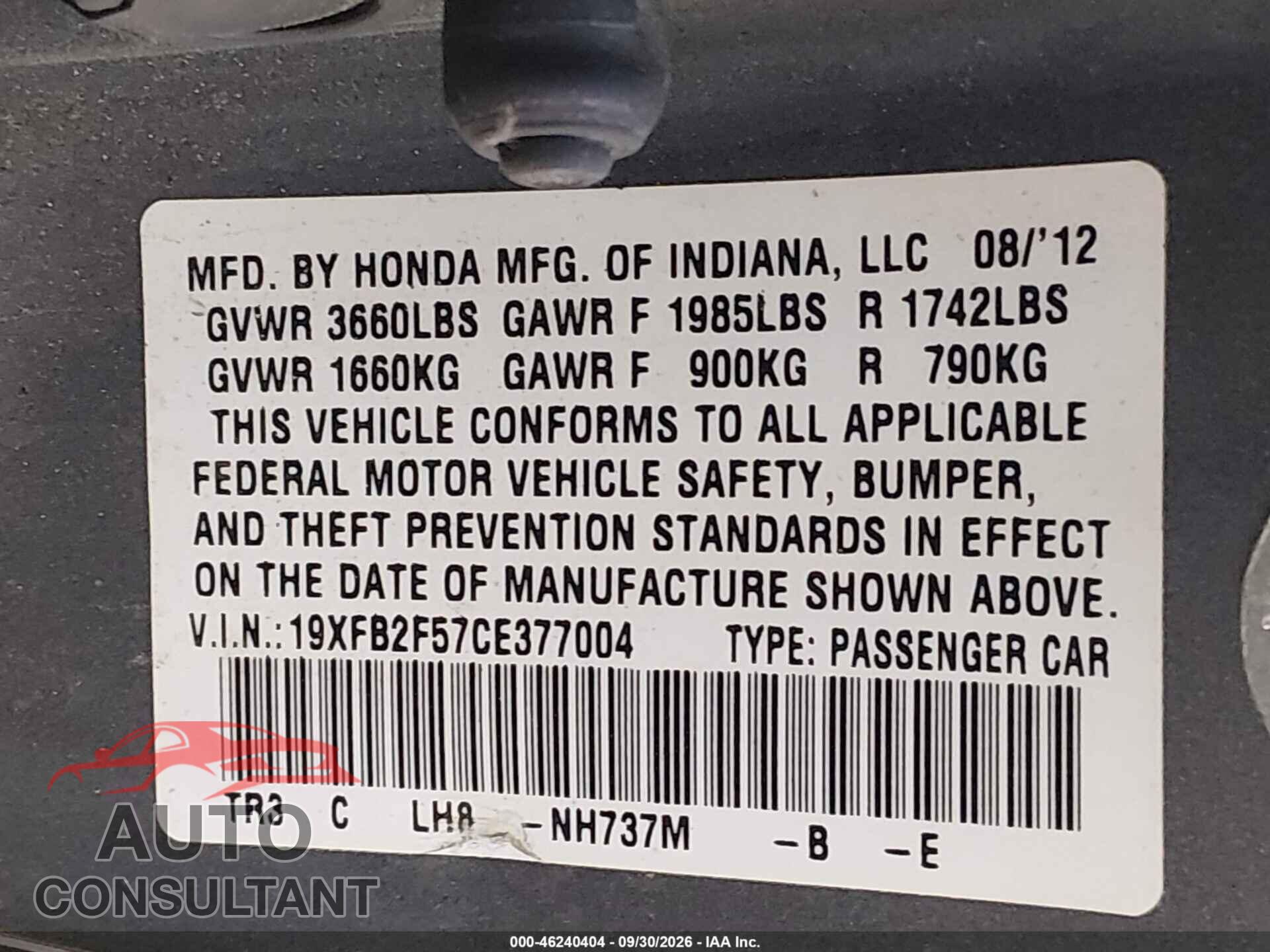 HONDA CIVIC 2012 - 19XFB2F57CE377004