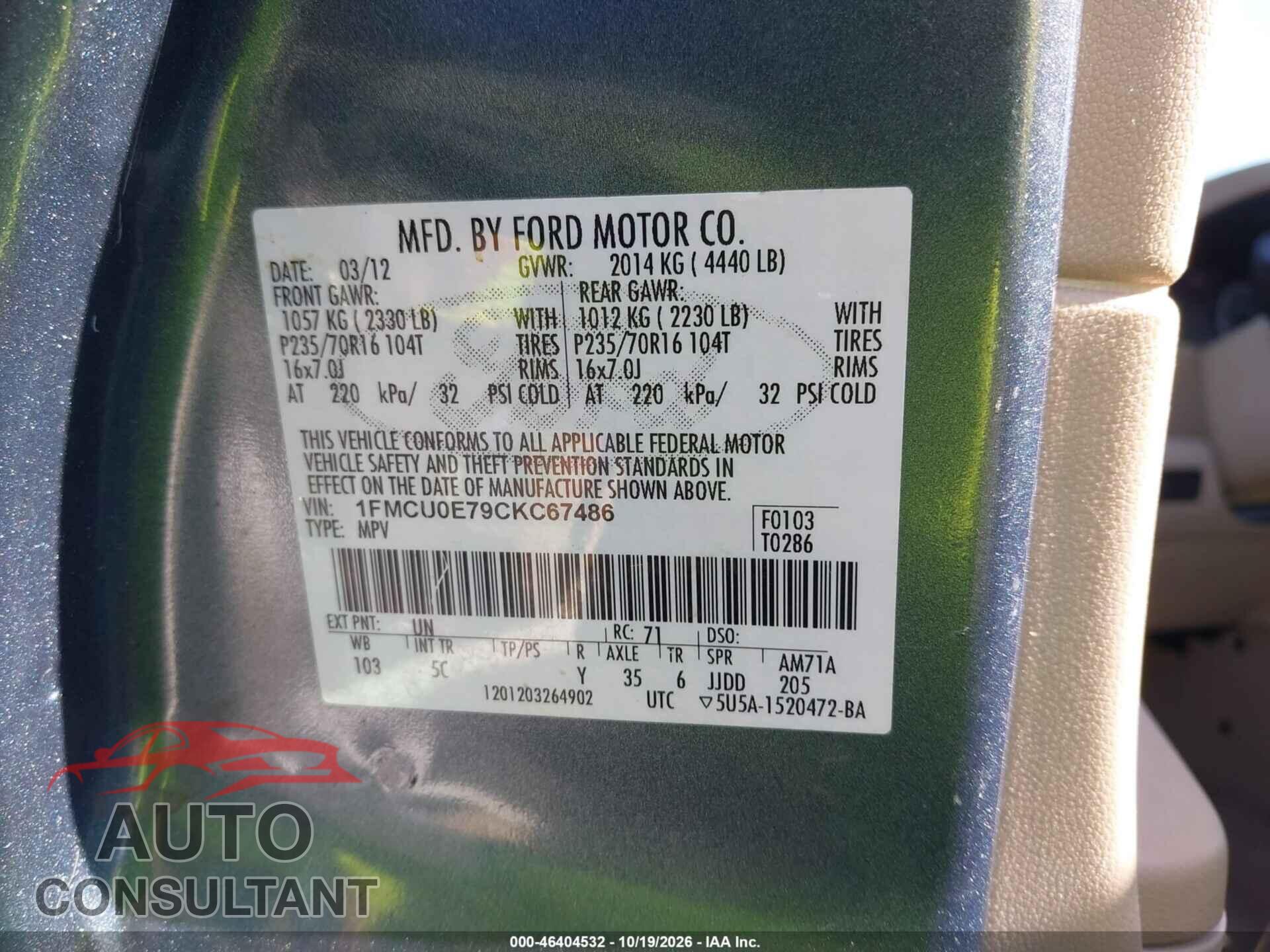 FORD ESCAPE 2012 - 1FMCU0E79CKC67486