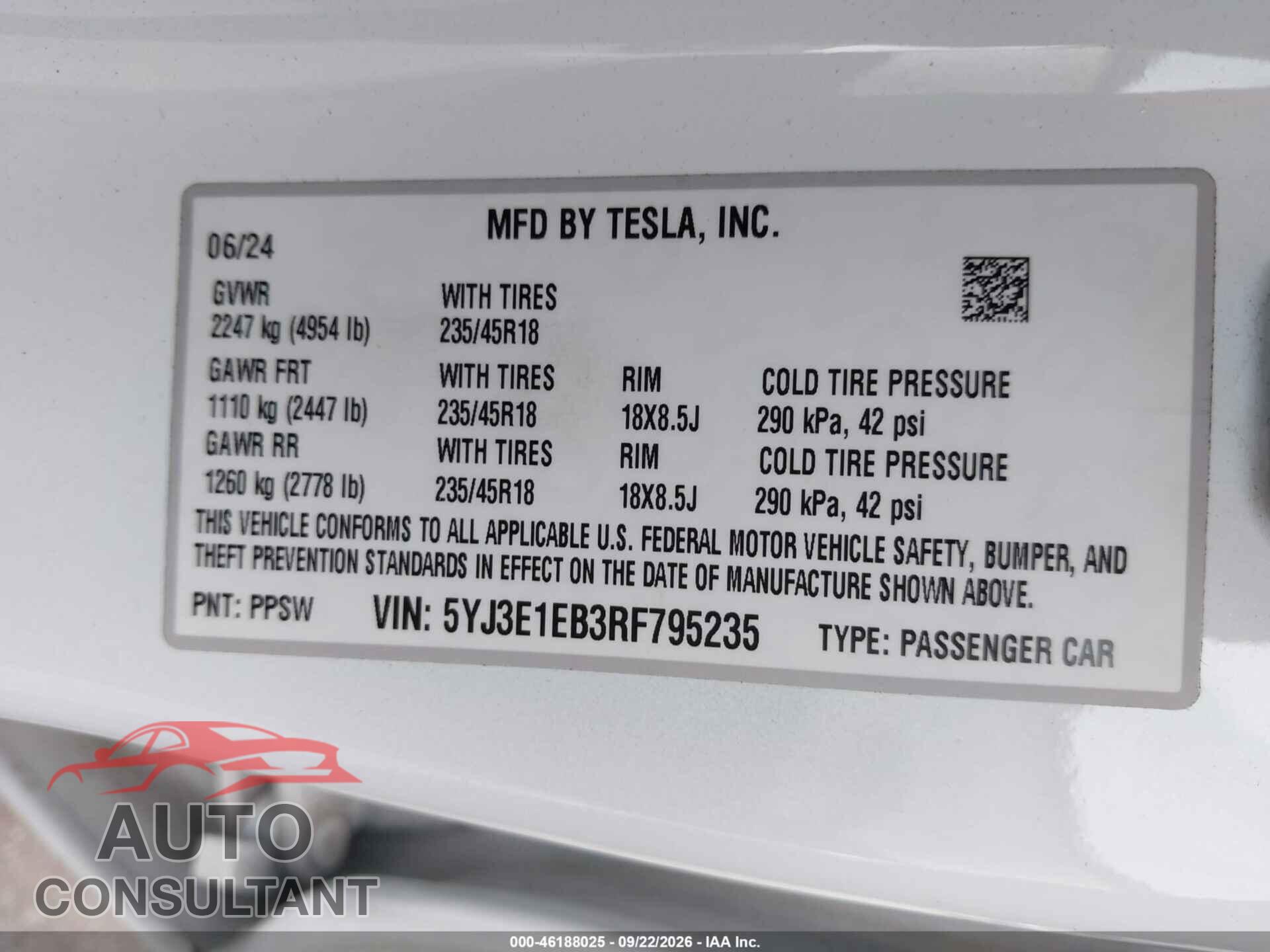 TESLA MODEL 3 2024 - 5YJ3E1EB3RF795235