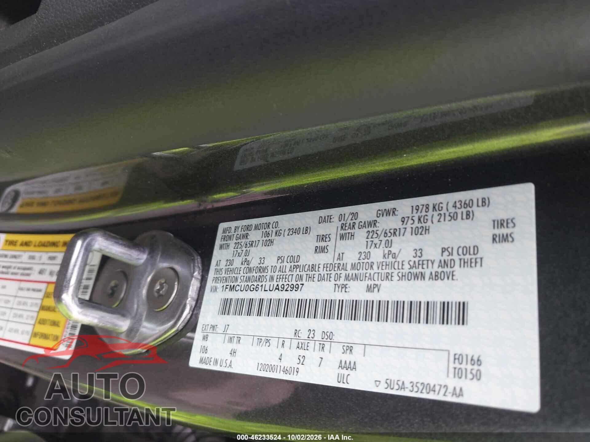 FORD ESCAPE 2020 - 1FMCU0G61LUA92997