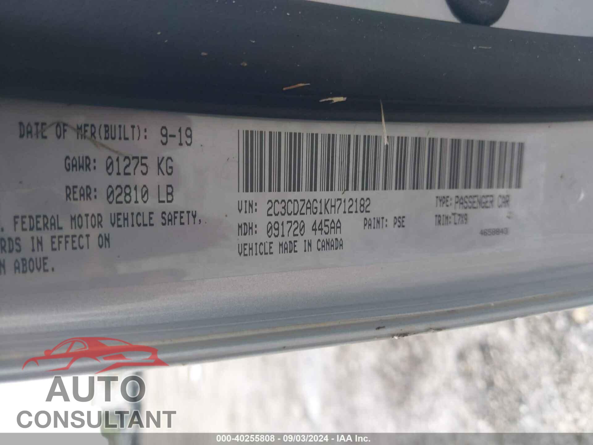 DODGE CHALLENGER 2019 - 2C3CDZAG1KH712182