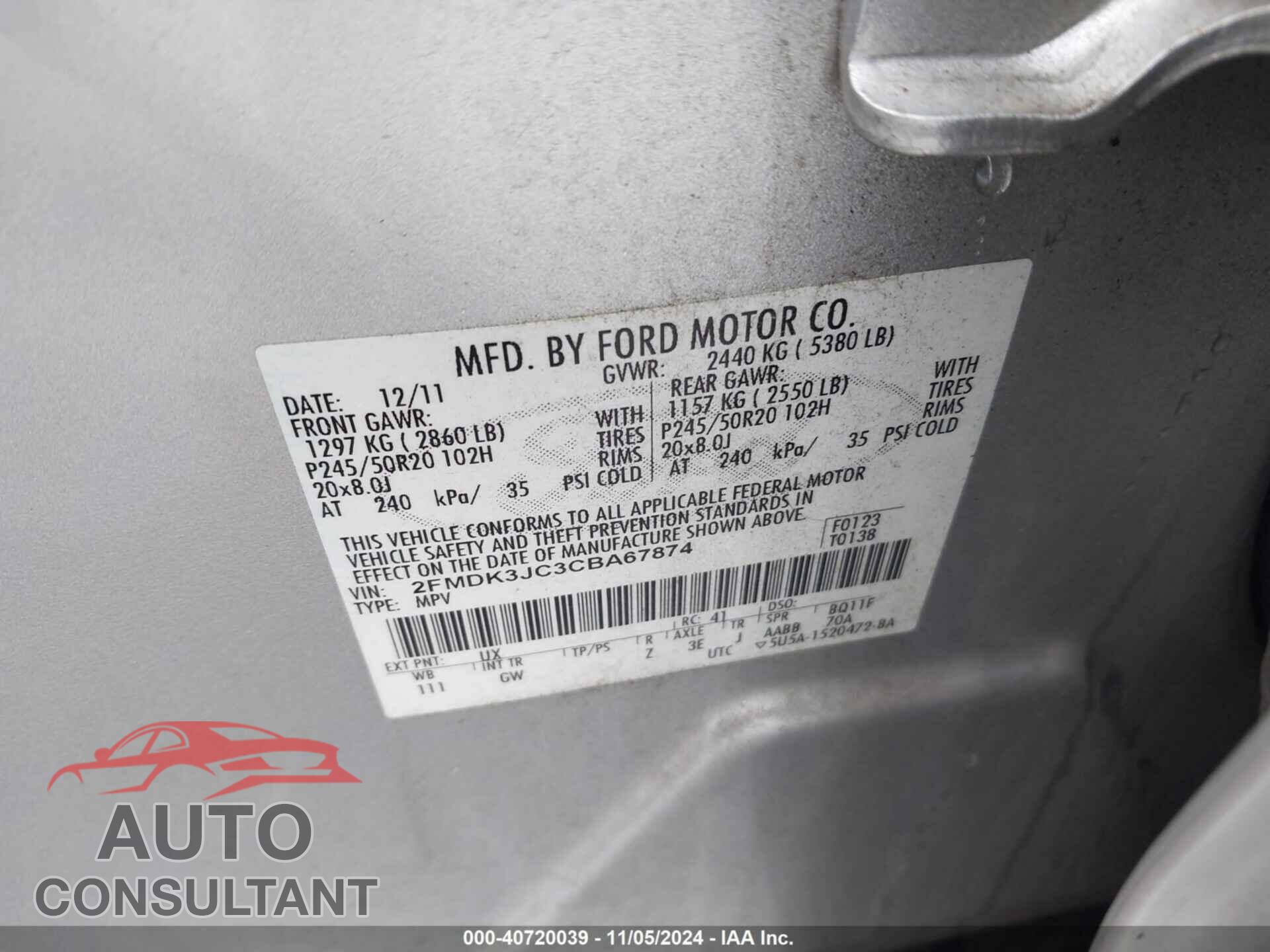FORD EDGE 2012 - 2FMDK3JC3CBA67874