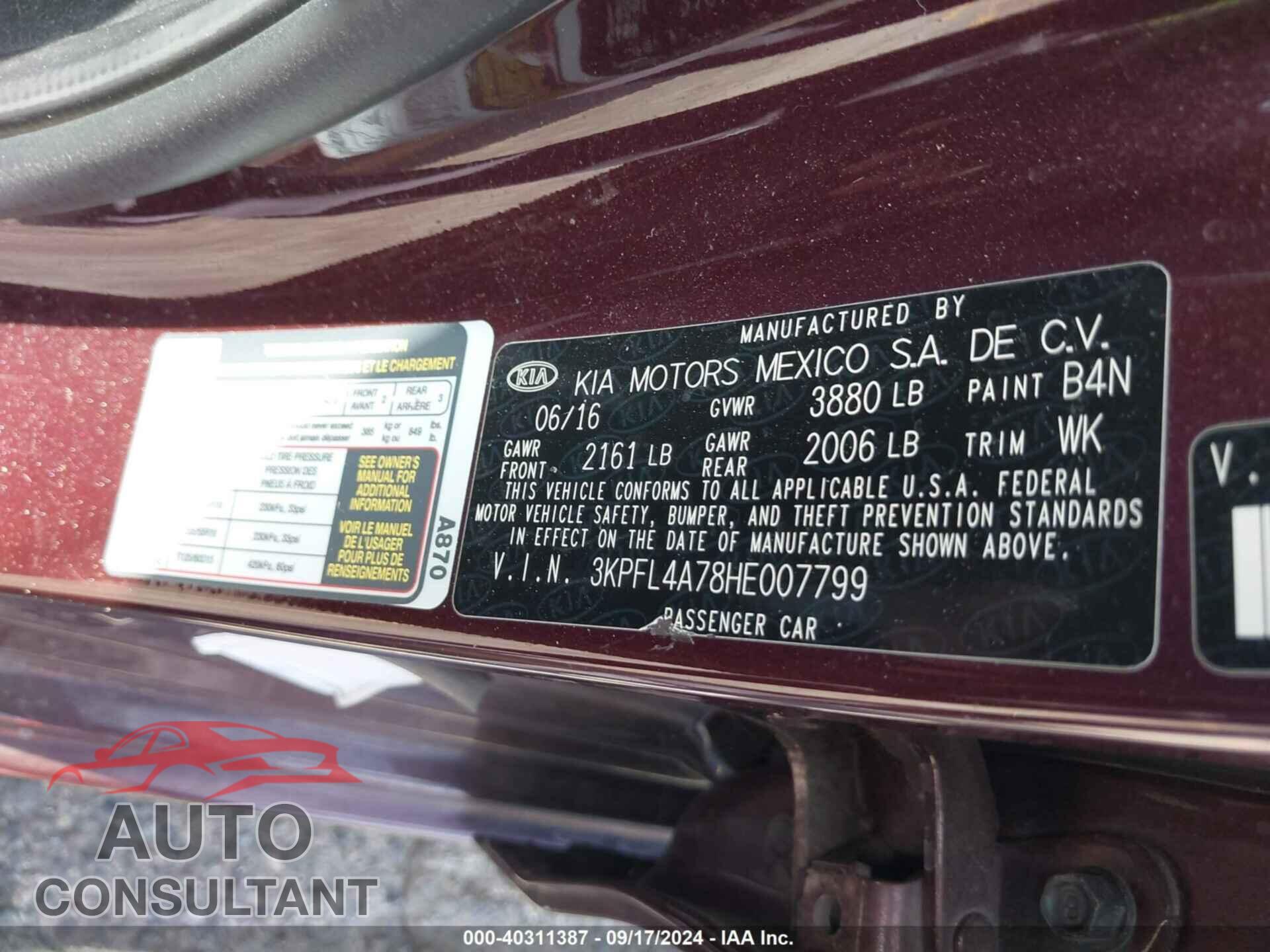 KIA FORTE 2017 - 3KPFL4A78HE007799