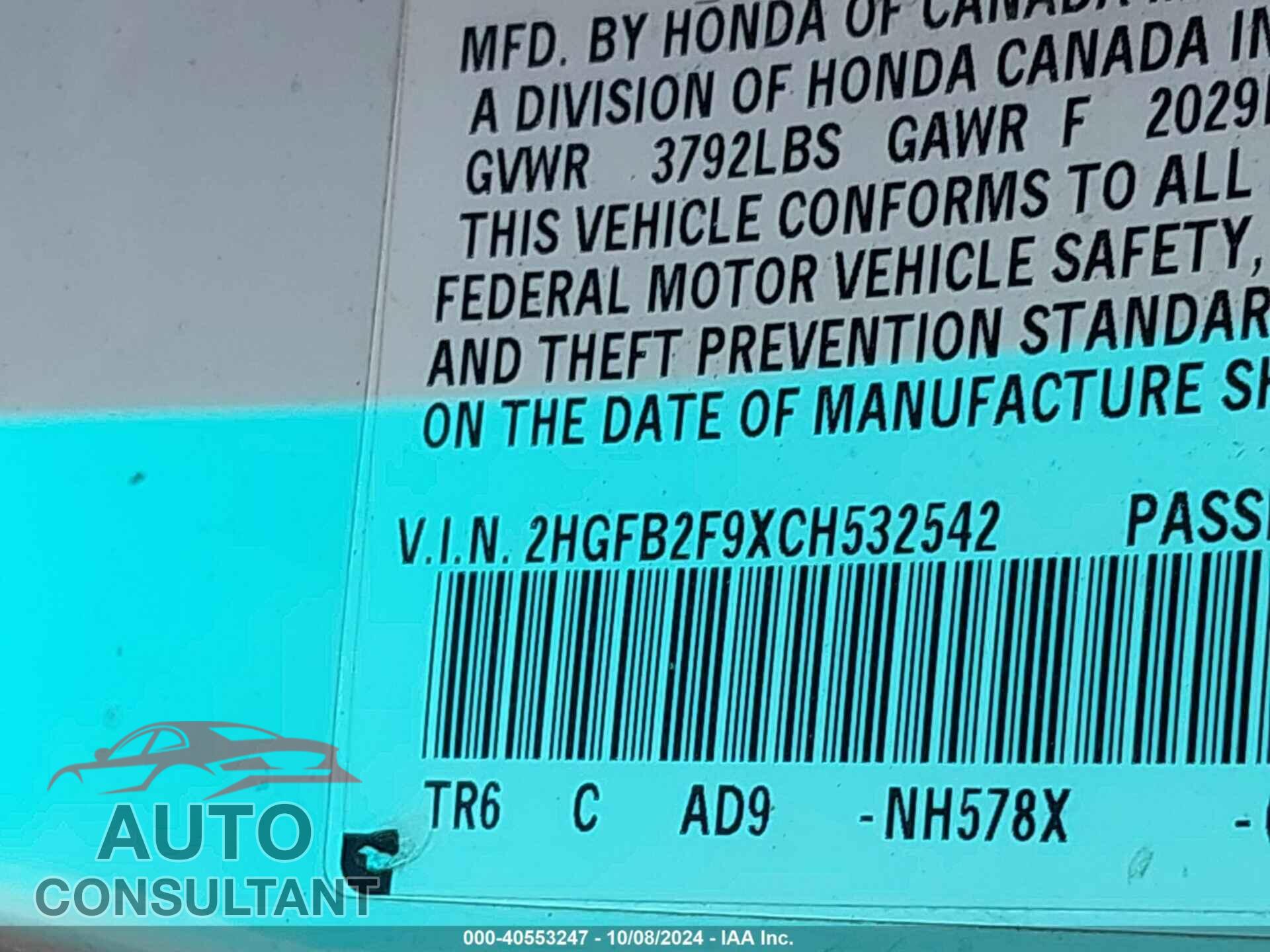 HONDA CIVIC 2012 - 2HGFB2F9XCH532542