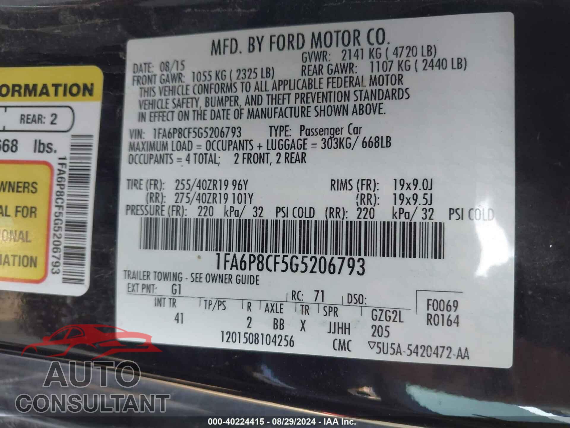 FORD MUSTANG 2016 - 1FA6P8CF5G5206793