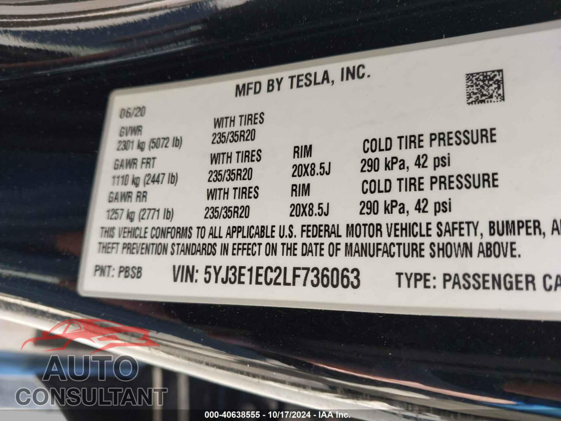 TESLA MODEL 3 2020 - 5YJ3E1EC2LF736063