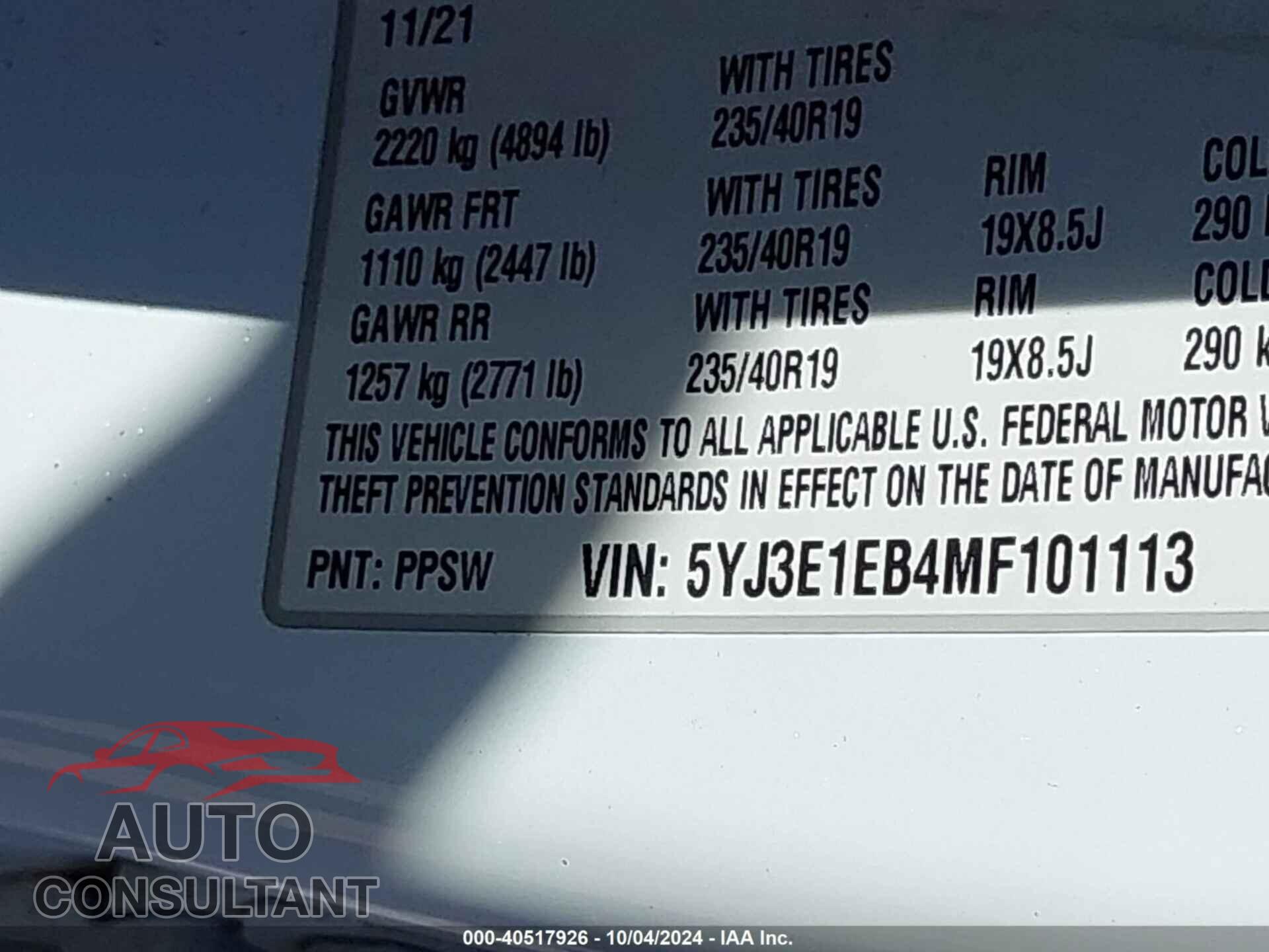 TESLA MODEL 3 2021 - 5YJ3E1EB4MF101113