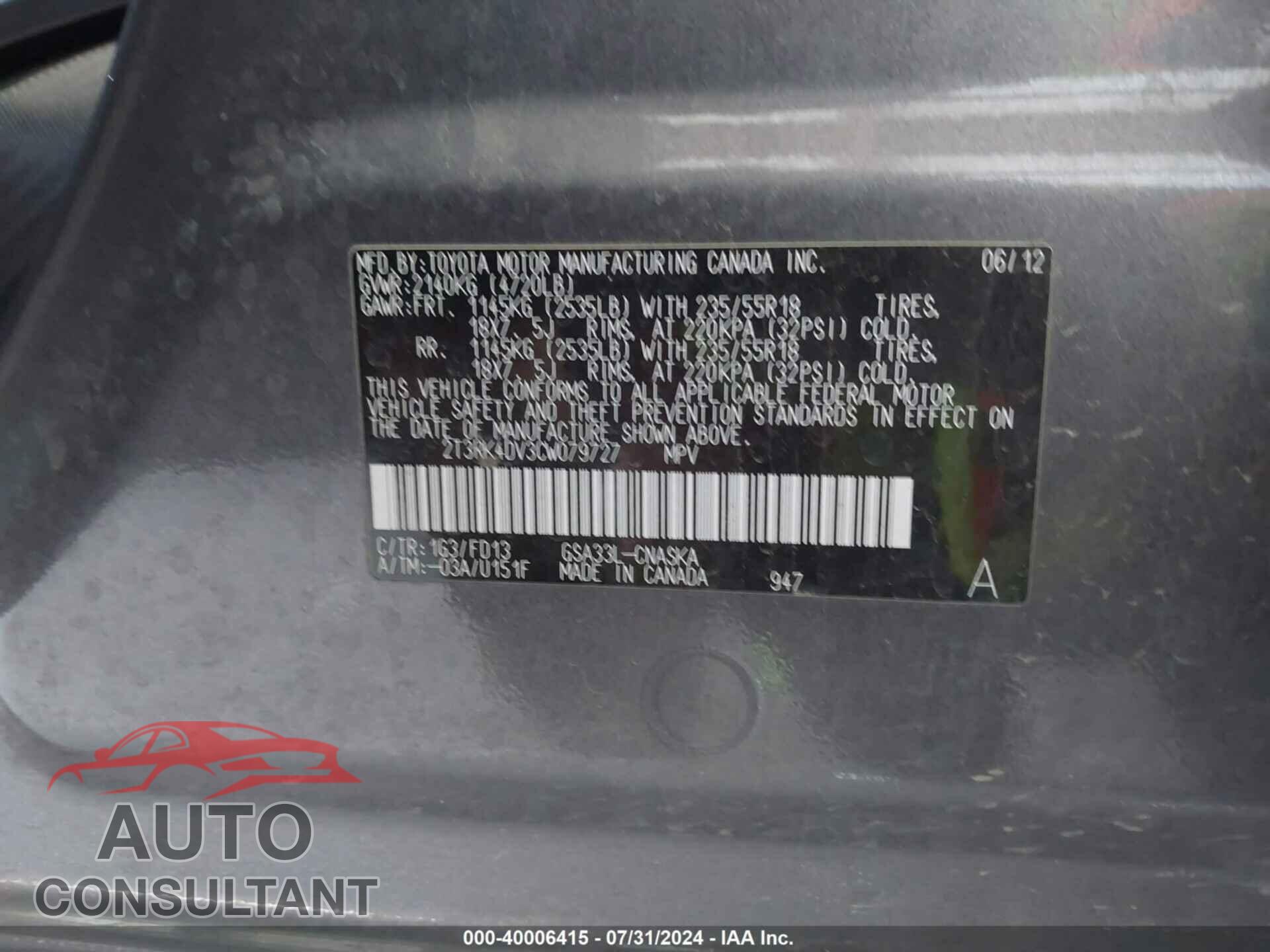 TOYOTA RAV4 2012 - 2T3RK4DV3CW079727