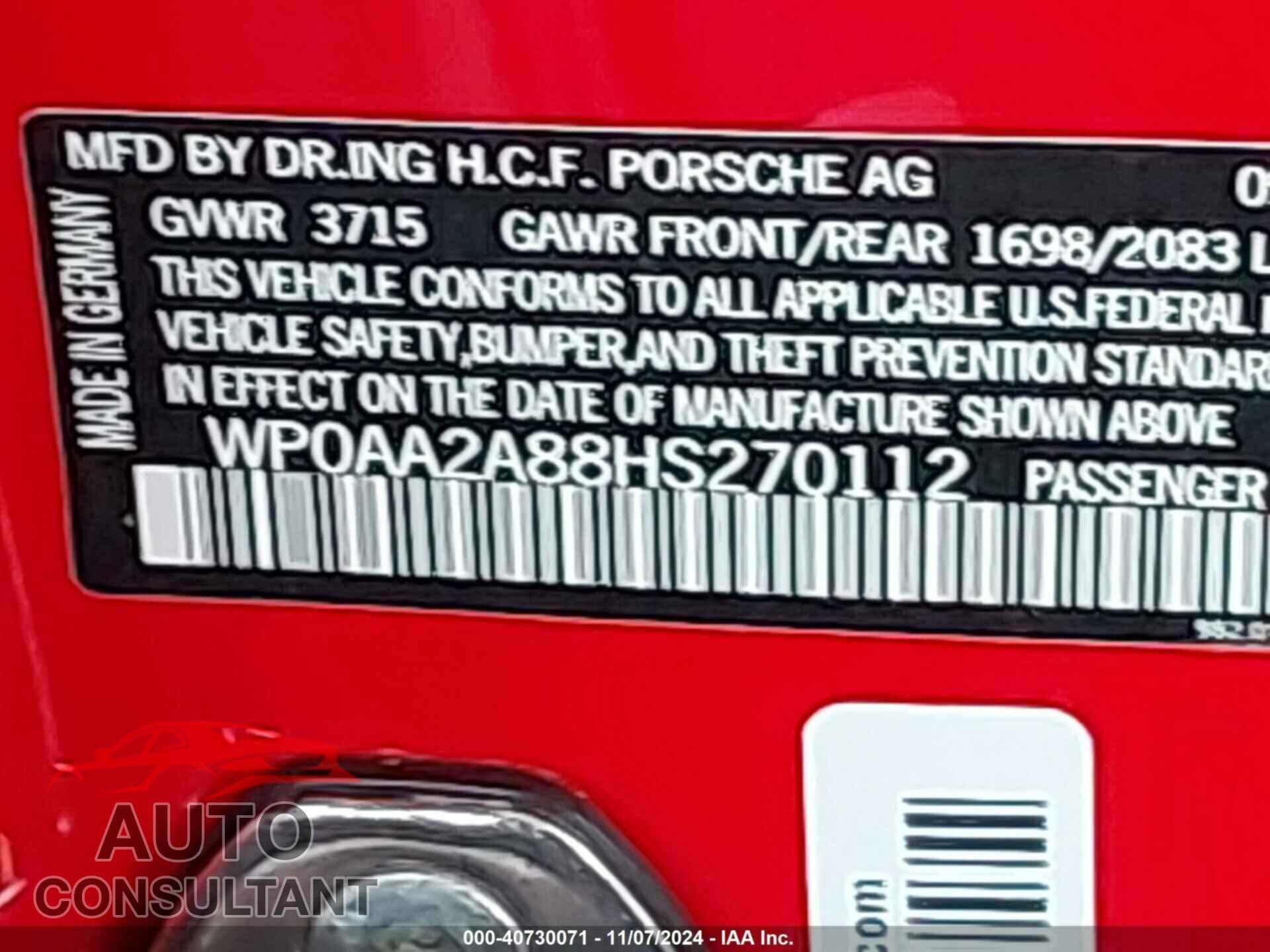 PORSCHE 718 CAYMAN 2017 - WP0AA2A88HS270112