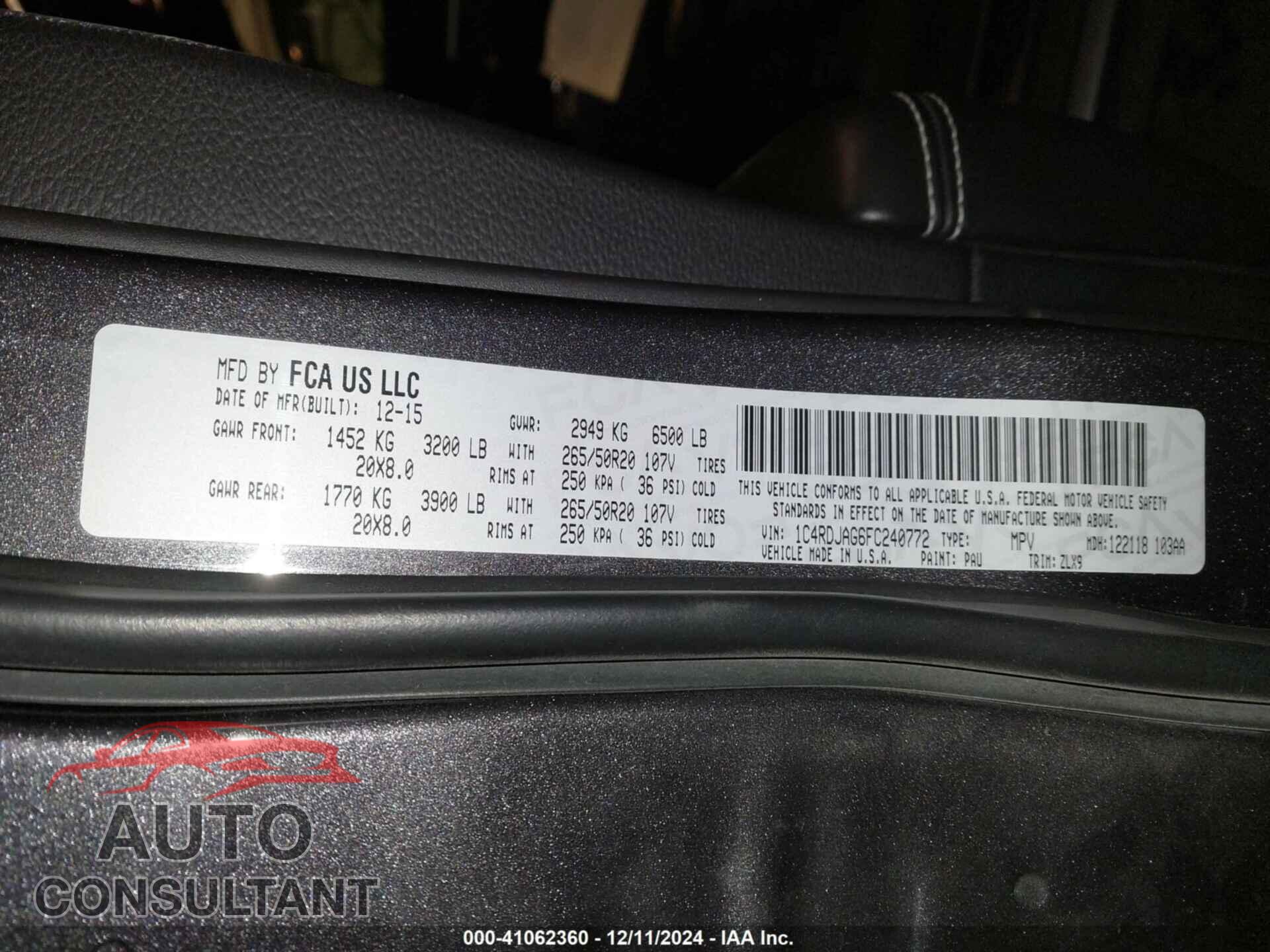 DODGE DURANGO 2015 - 1C4RDJAG6FC240772