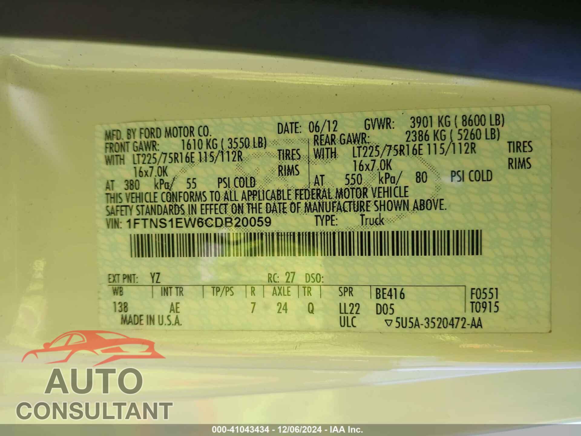 FORD E-150 2012 - 1FTNS1EW6CDB20059