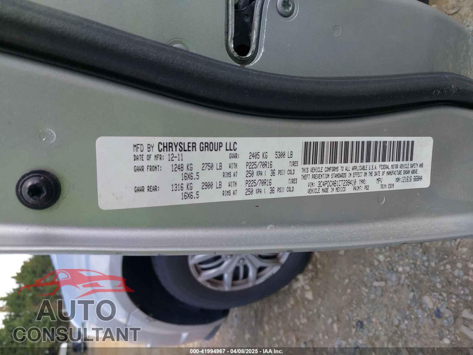 DODGE JOURNEY 2012 - 3C4PDCAB1CT239410