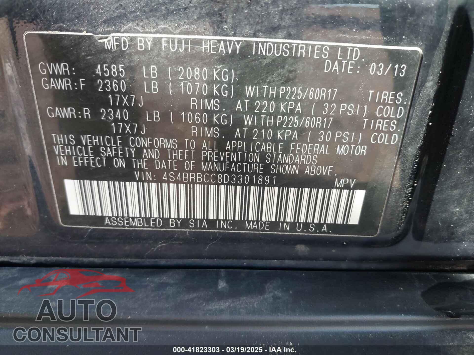 SUBARU OUTBACK 2013 - 4S4BRBCC8D3301891