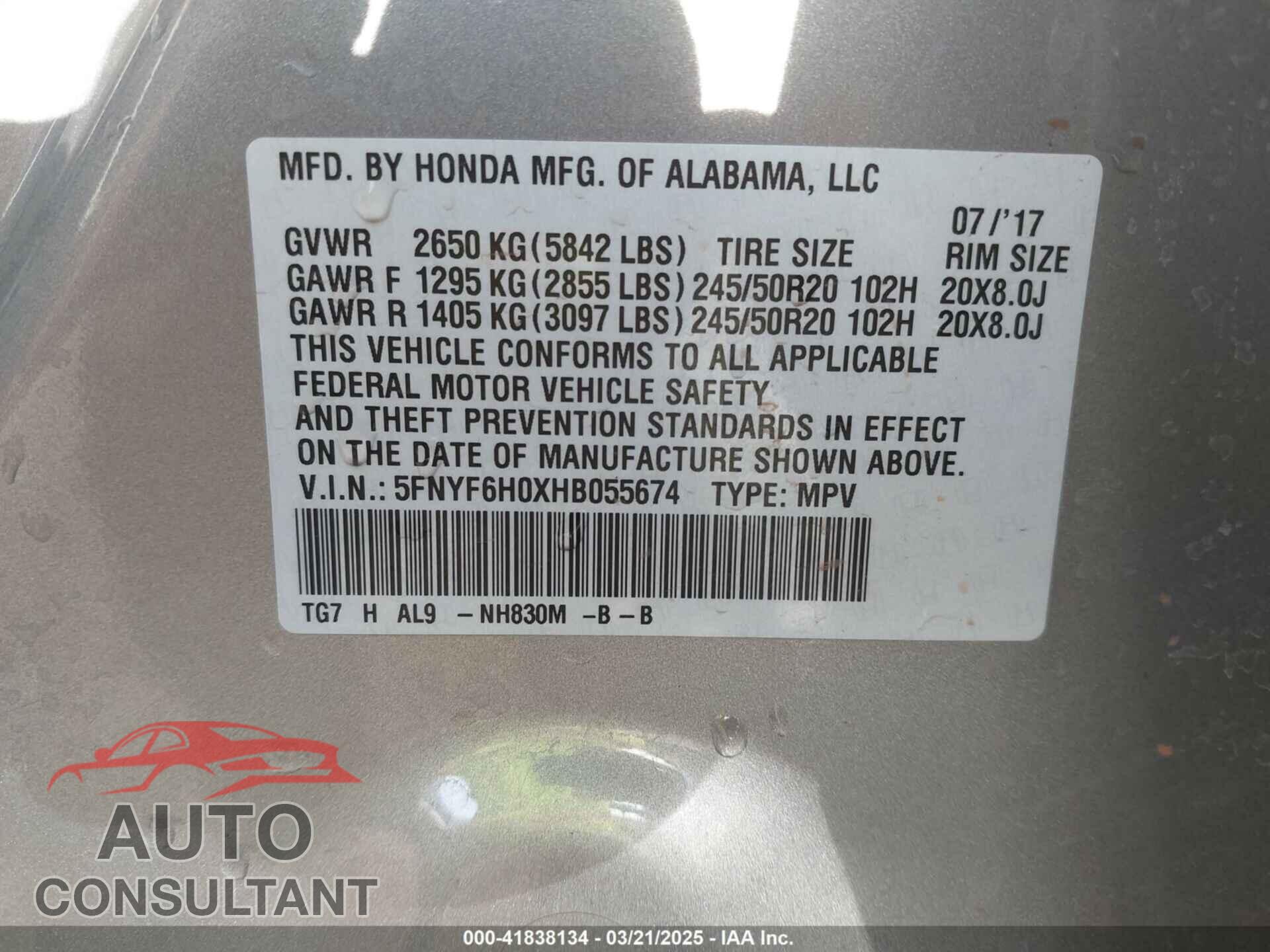 HONDA PILOT 2017 - 5FNYF6H0XHB055674