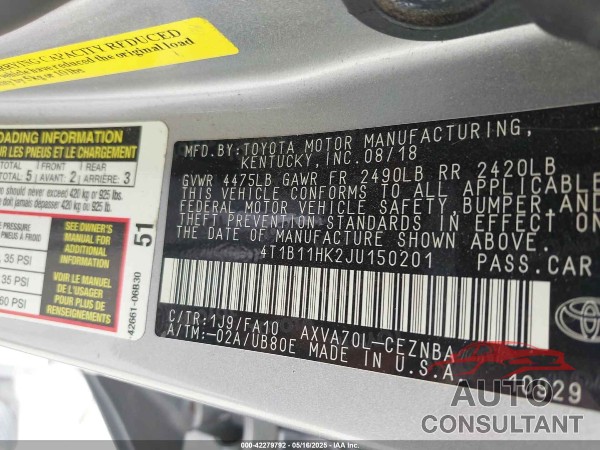 TOYOTA CAMRY 2018 - 4T1B11HK2JU150201