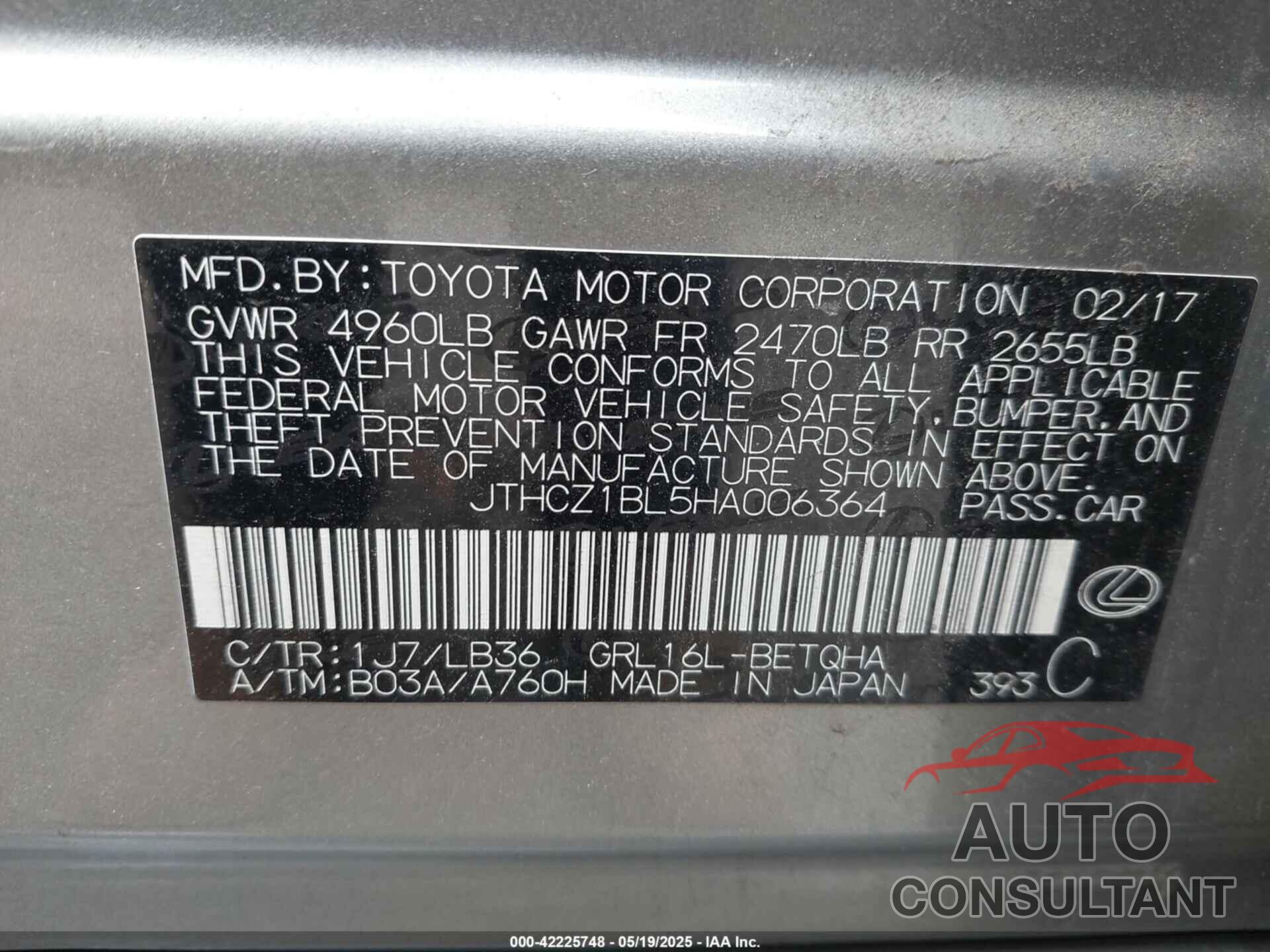 LEXUS GS 350 2017 - JTHCZ1BL5HA006364