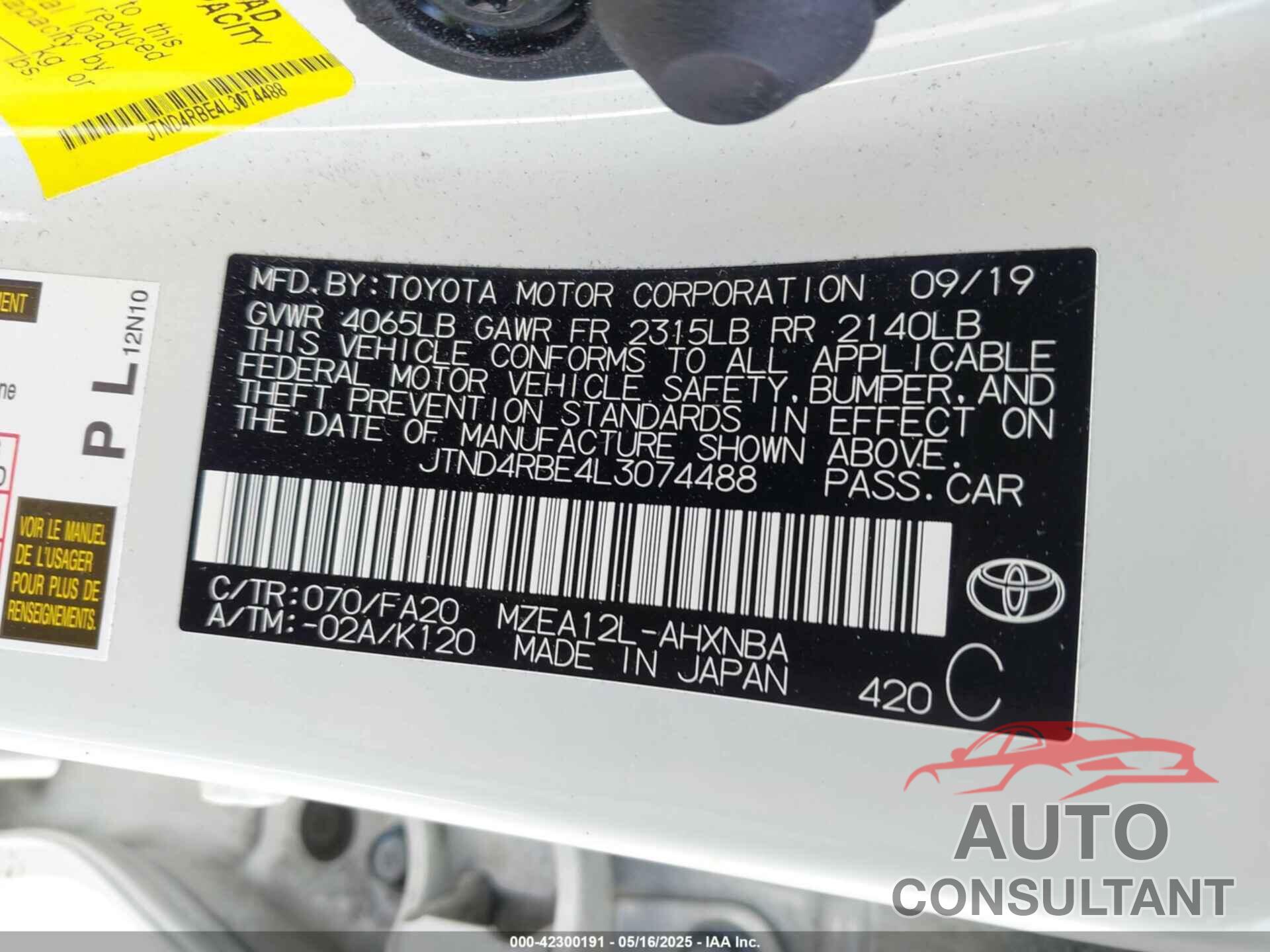 TOYOTA COROLLA 2020 - JTND4RBE4L3074488