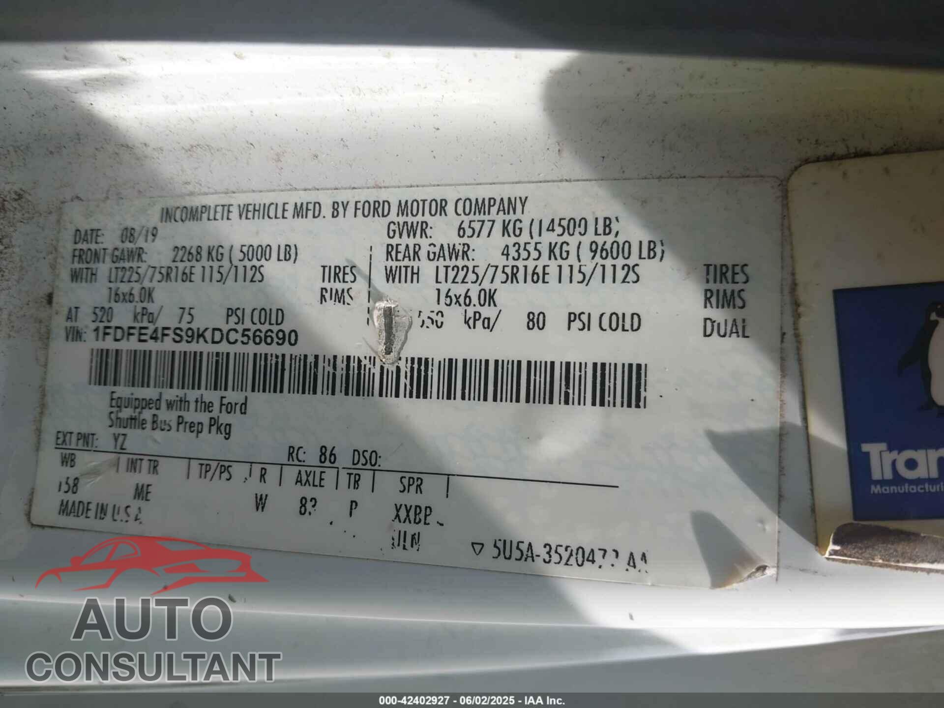 FORD E-450 CUTAWAY 2019 - 1FDFE4FS9KDC56690