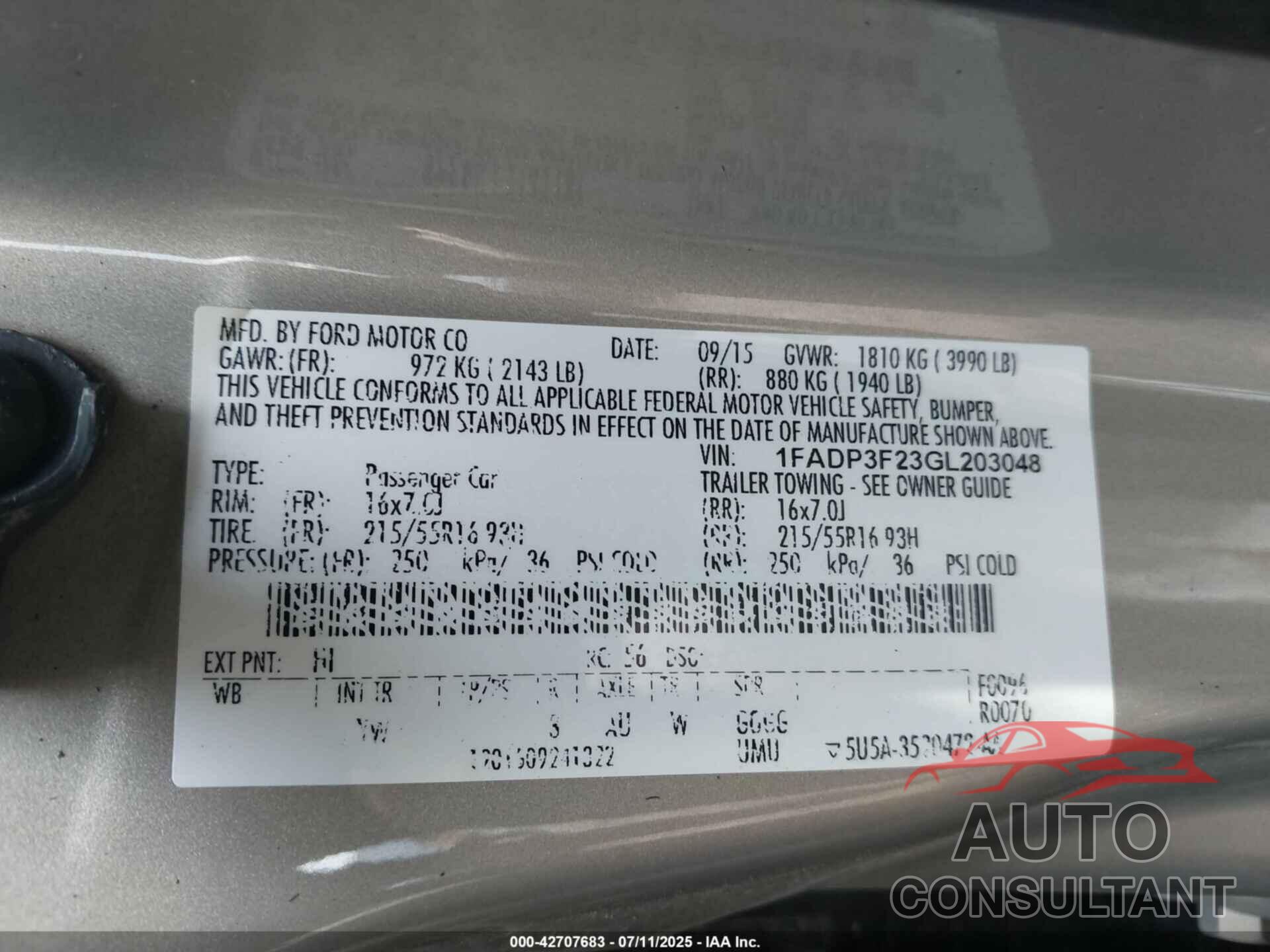 FORD FOCUS 2016 - 1FADP3F23GL203048