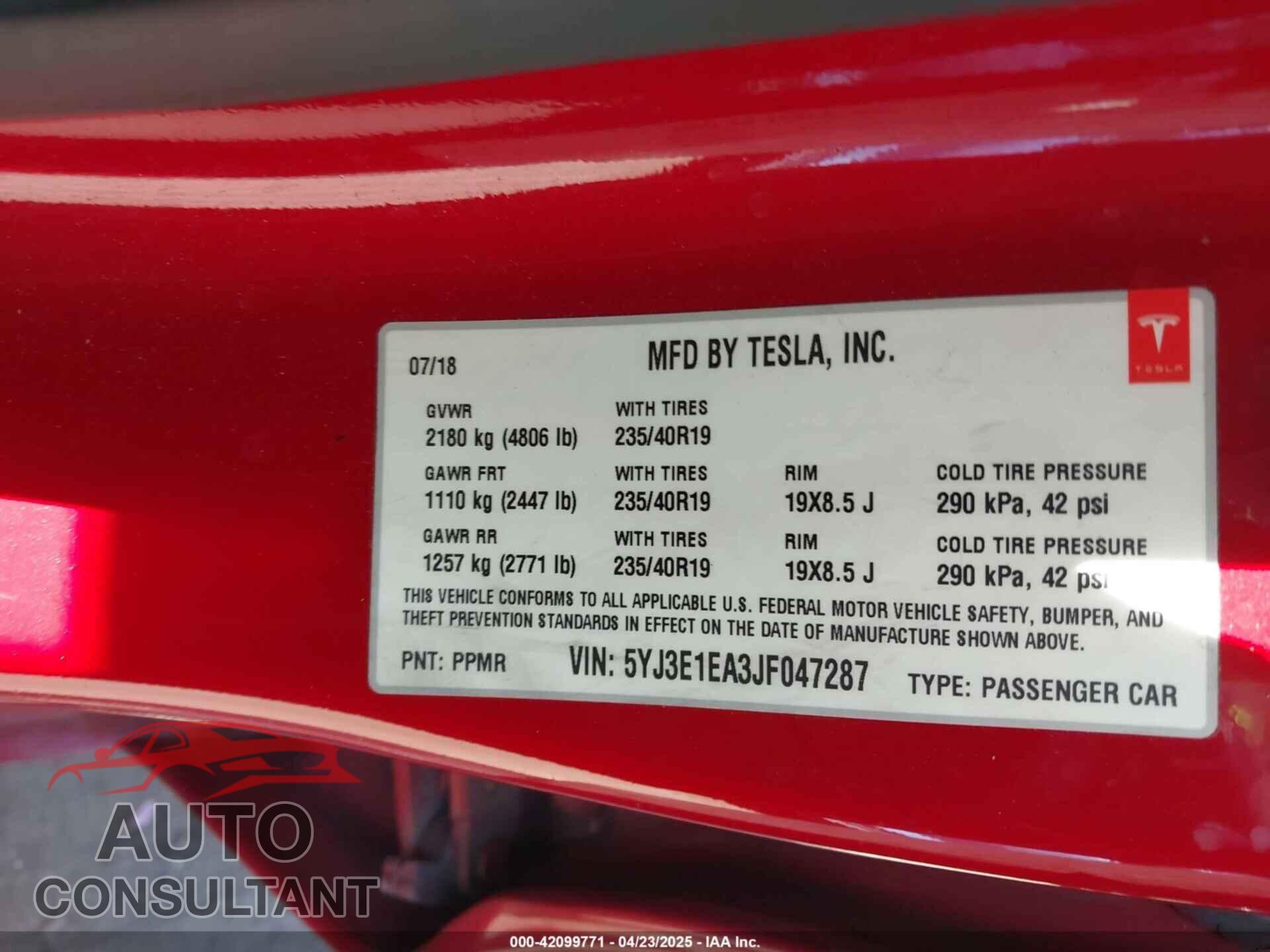 TESLA MODEL 3 2018 - 5YJ3E1EA3JF047287