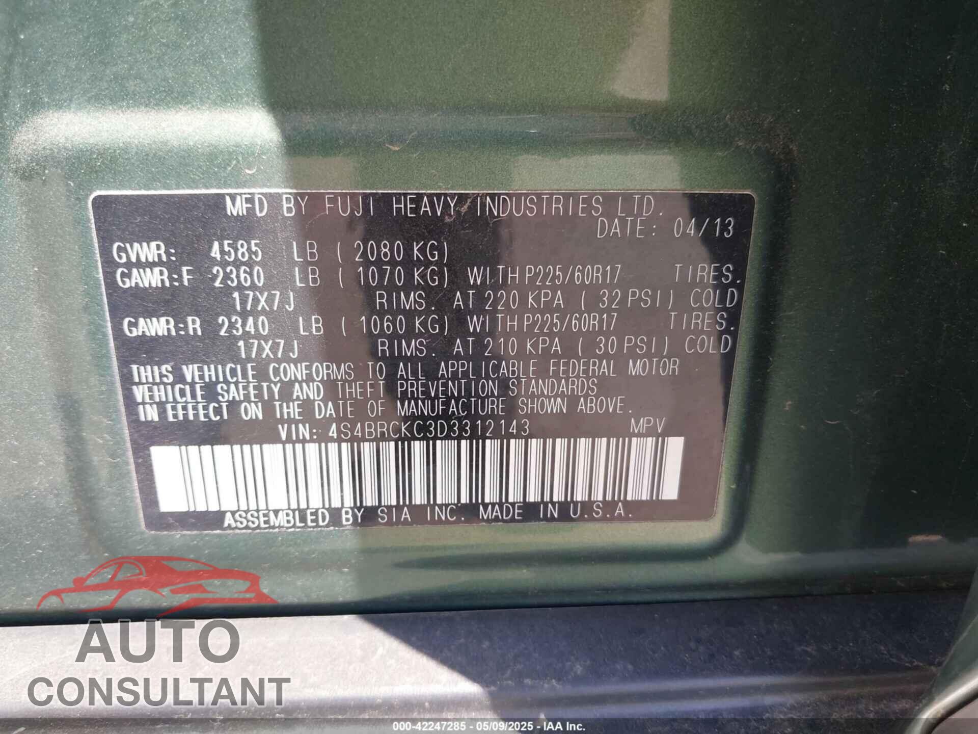 SUBARU OUTBACK 2013 - 4S4BRCKC3D3312143