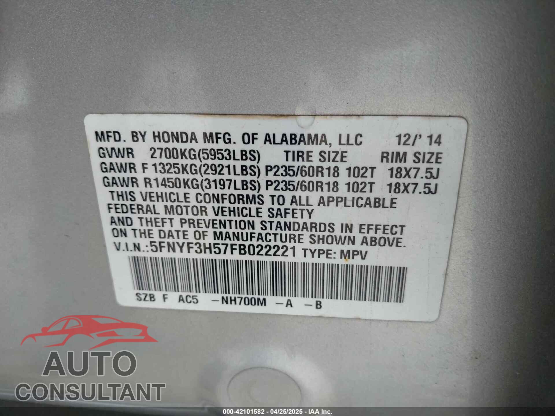 HONDA PILOT 2015 - 5FNYF3H57FB022221