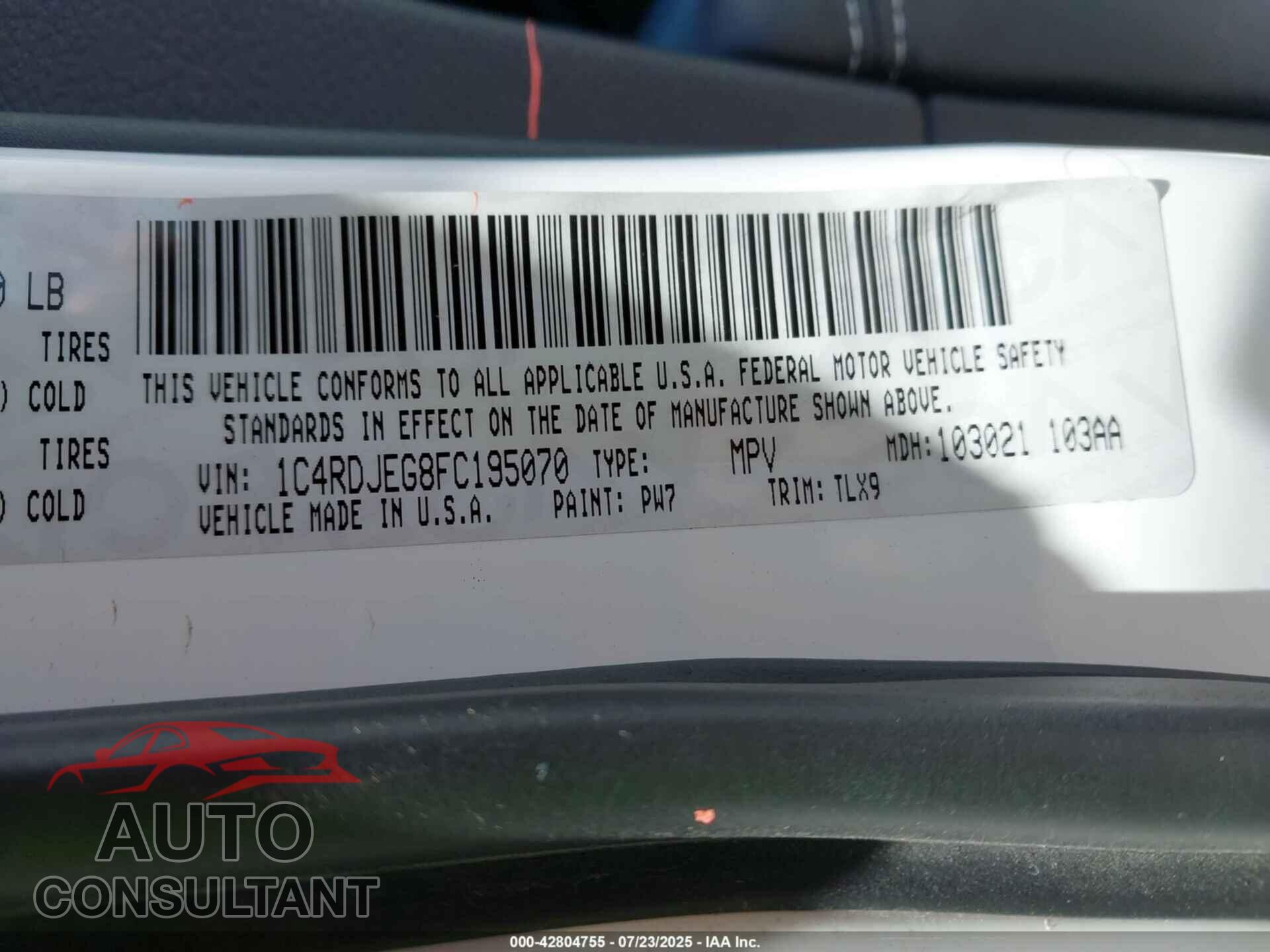 DODGE DURANGO 2015 - 1C4RDJEG8FC195070