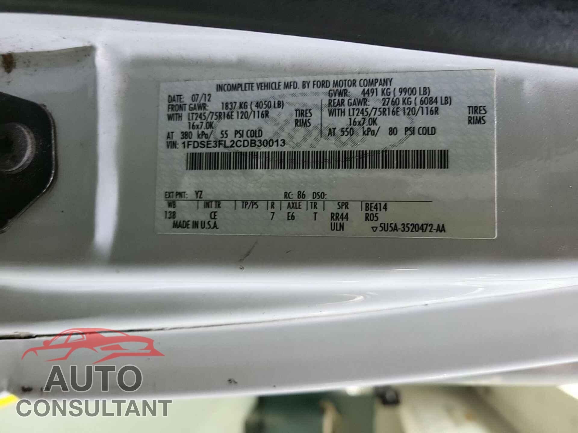 FORD E-350 CUTAWAY 2012 - 1FDSE3FL2CDB30013