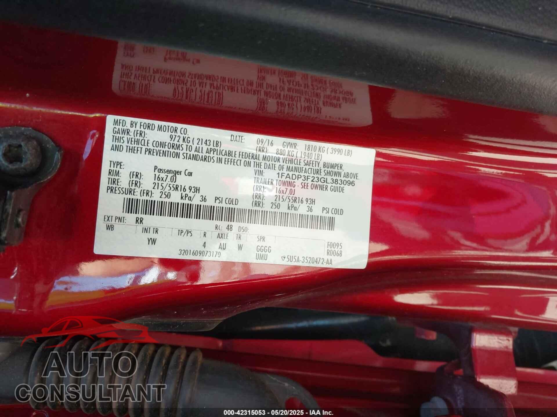 FORD FOCUS 2016 - 1FADP3F23GL383096