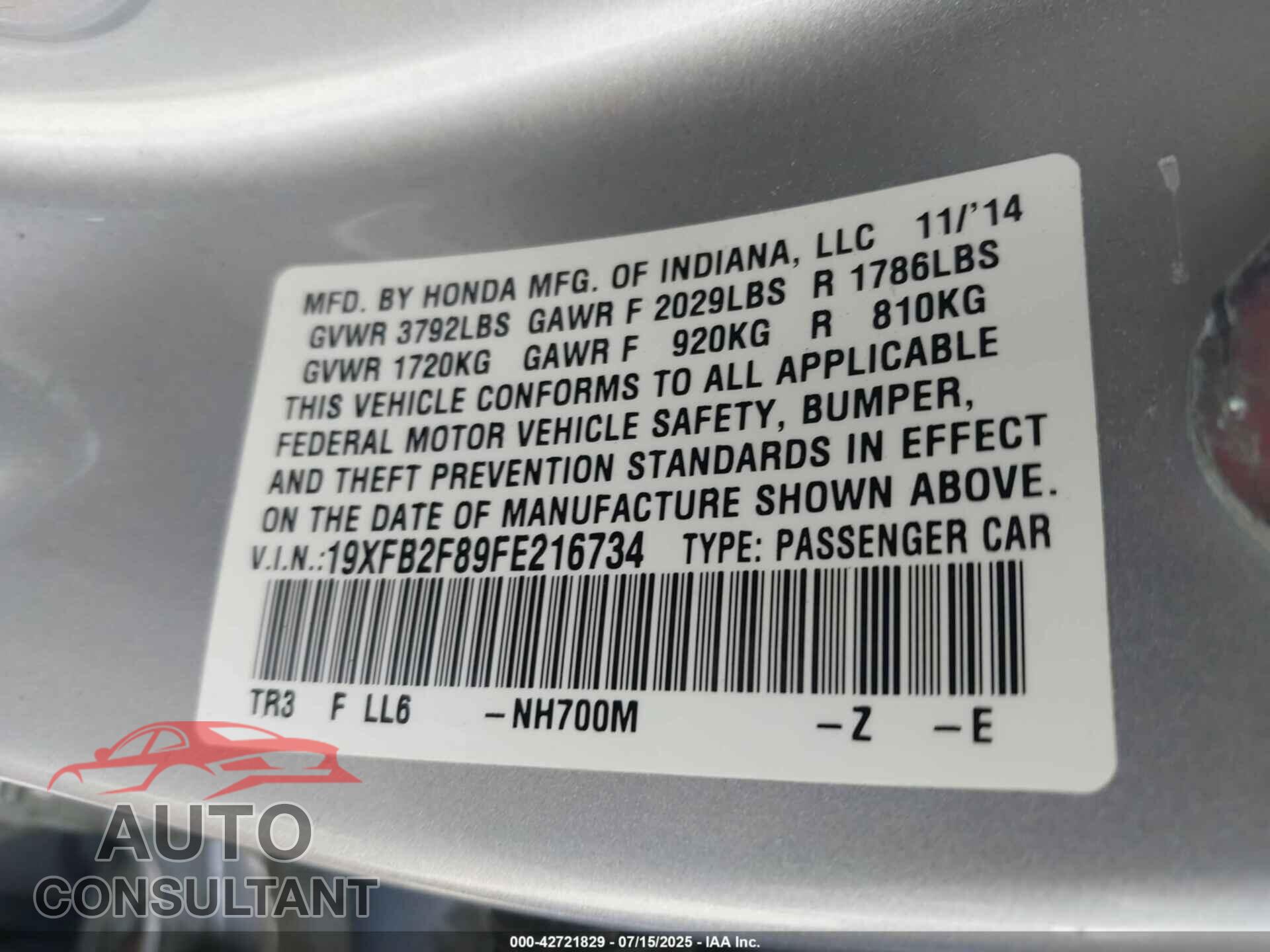 HONDA CIVIC 2015 - 19XFB2F89FE216734