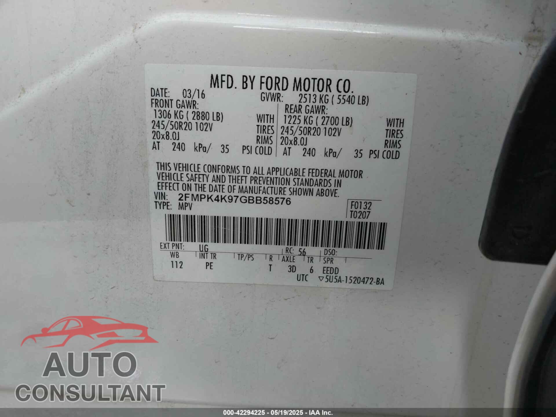 FORD EDGE 2016 - 2FMPK4K97GBB58576