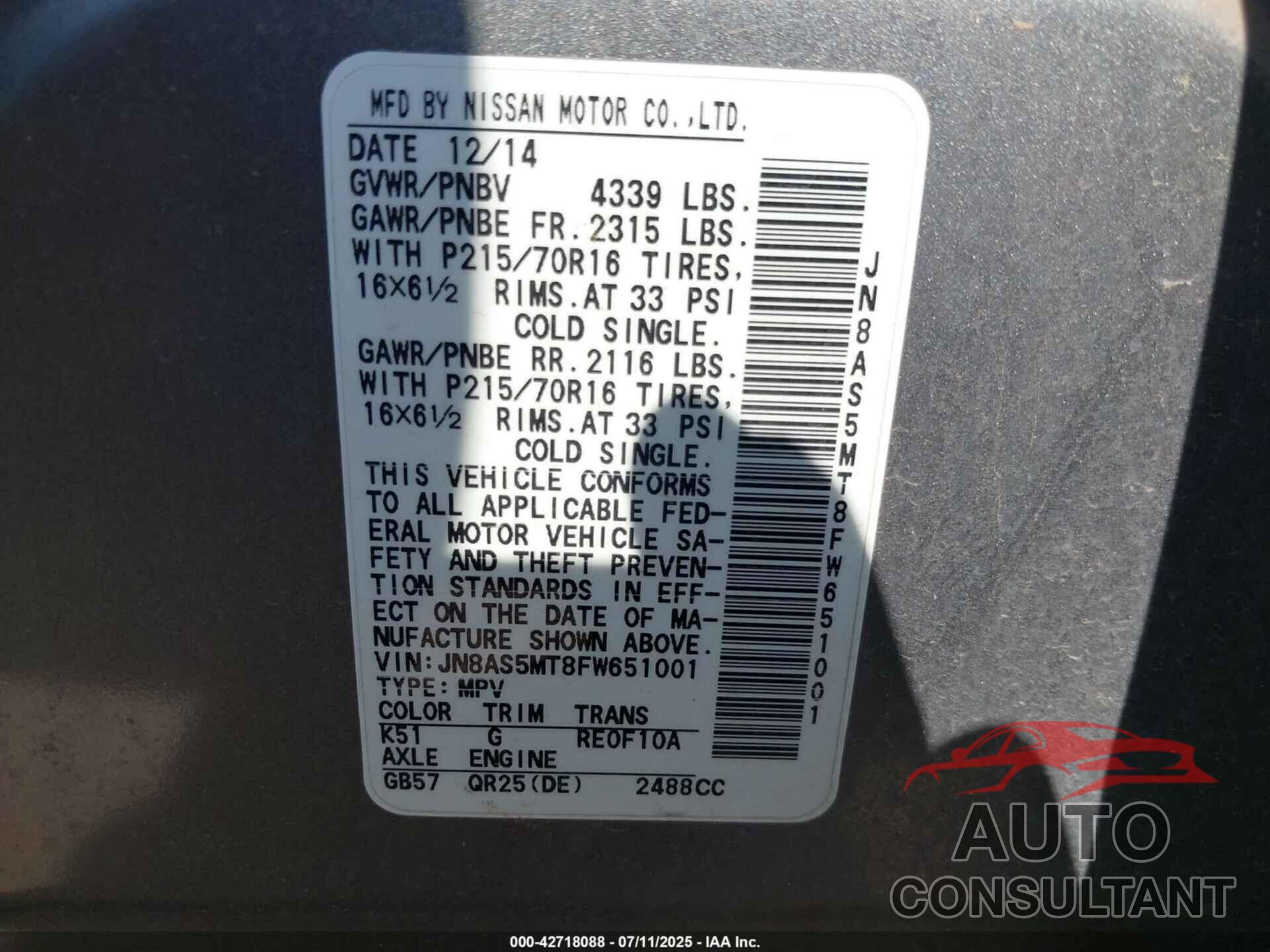 NISSAN ROGUE SELECT 2015 - JN8AS5MT8FW651001