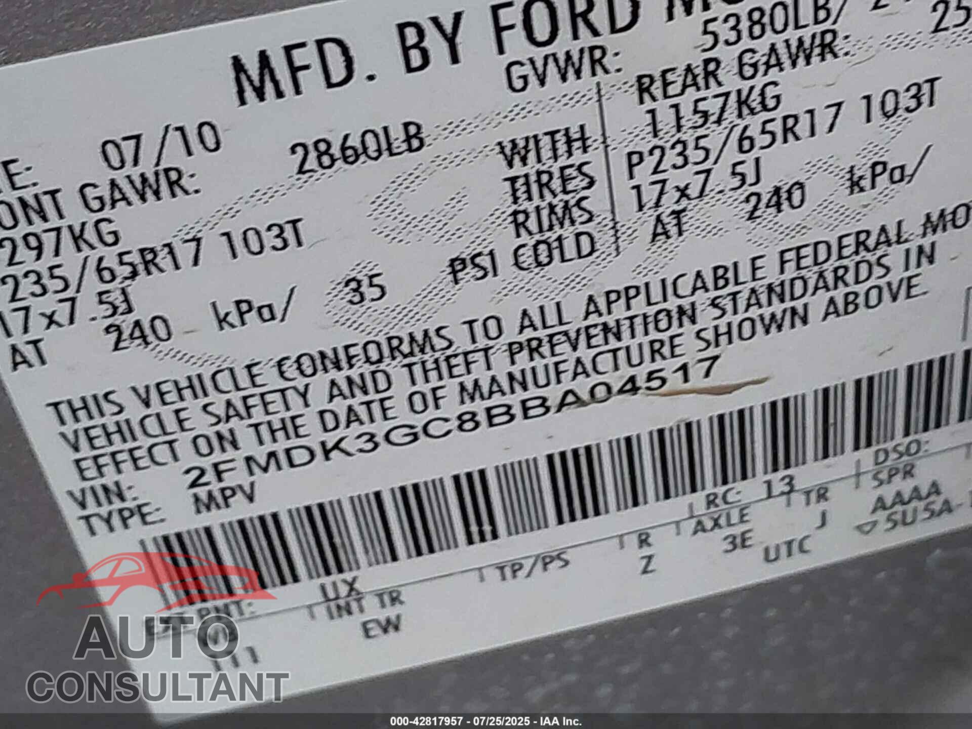 FORD EDGE 2011 - 2FMDK3GC8BBA04517