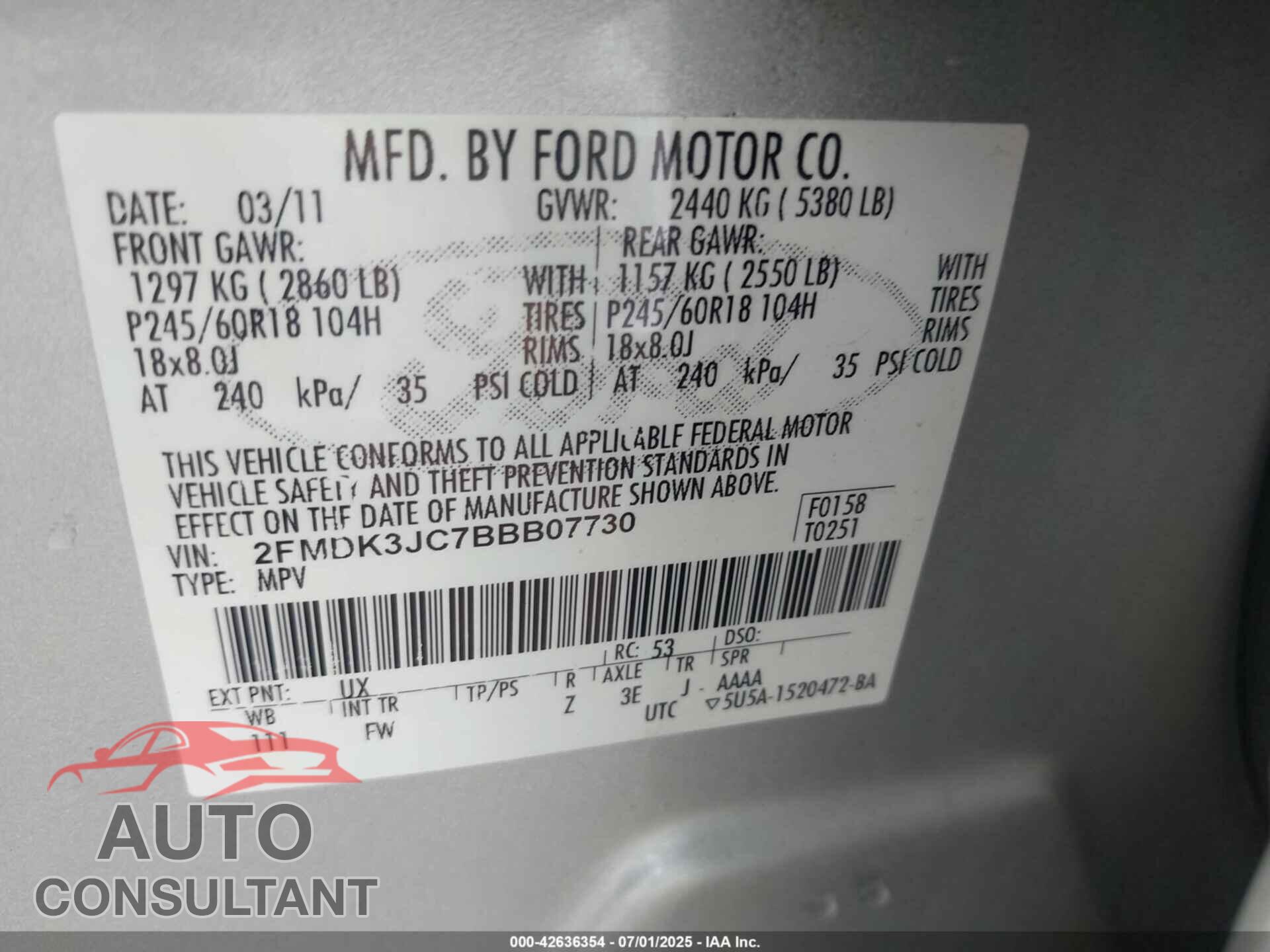 FORD EDGE 2011 - 2FMDK3JC7BBB07730
