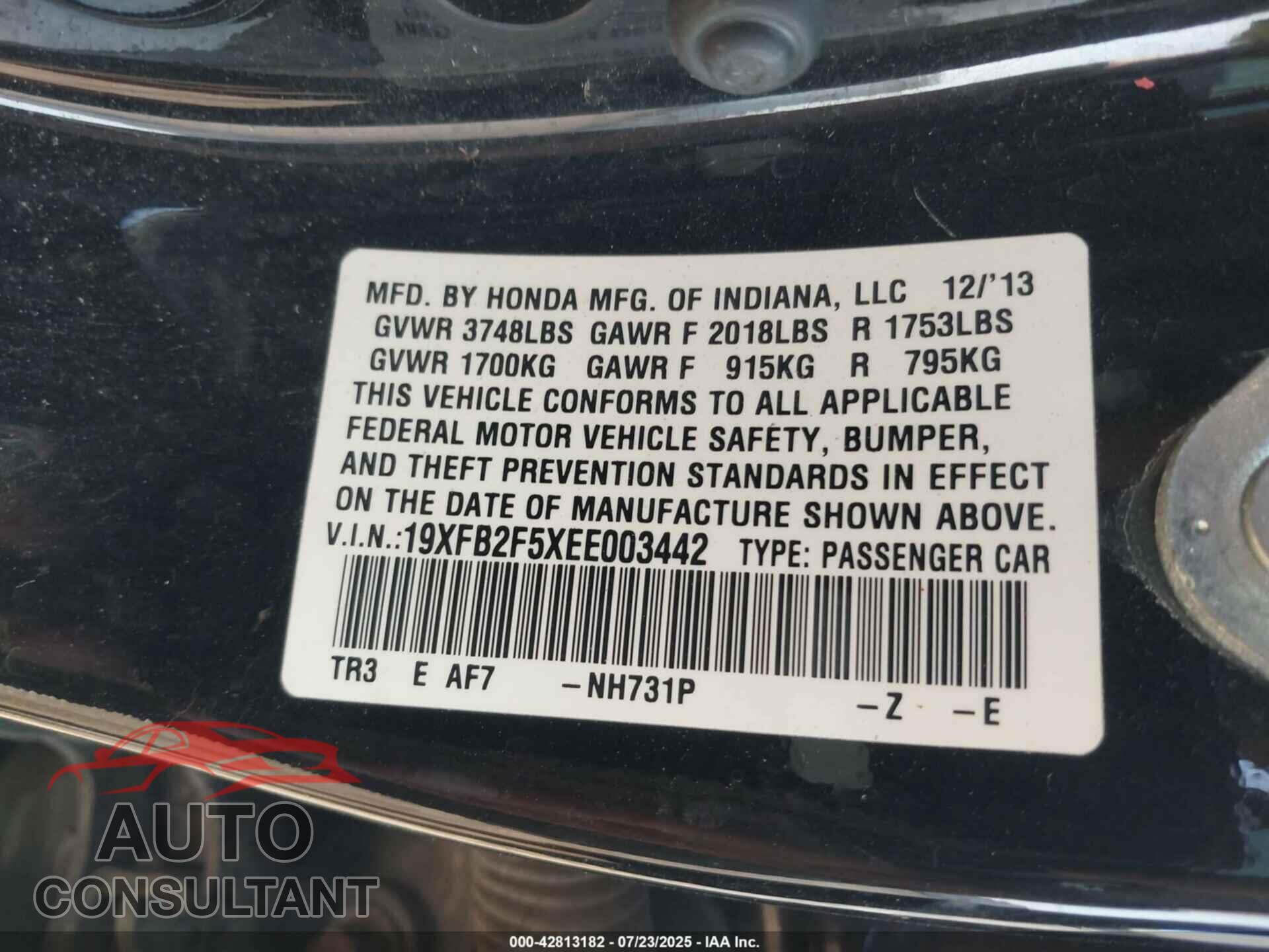 HONDA CIVIC 2014 - 19XFB2F5XEE003442
