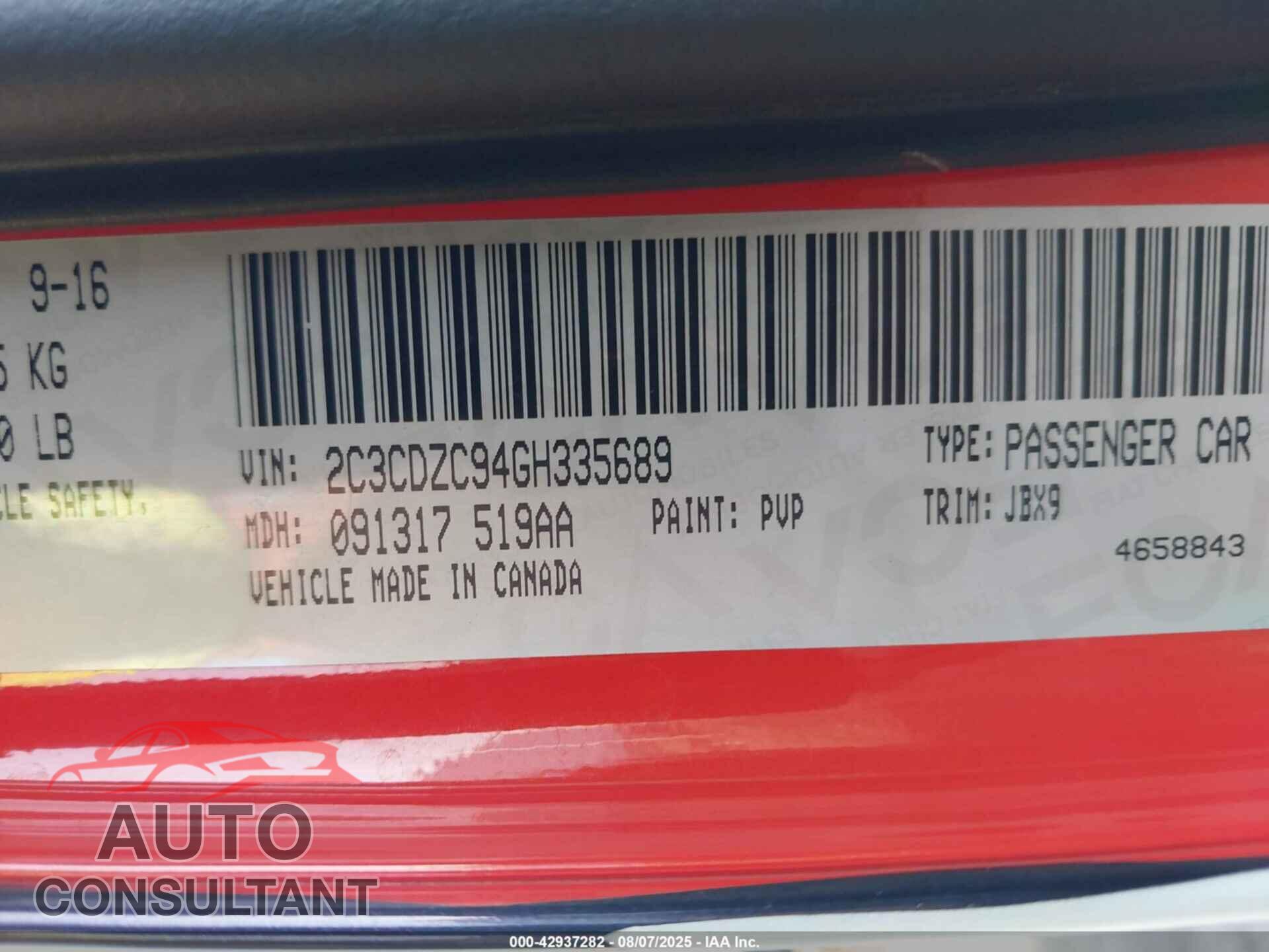 DODGE CHALLENGER 2016 - 2C3CDZC94GH335689