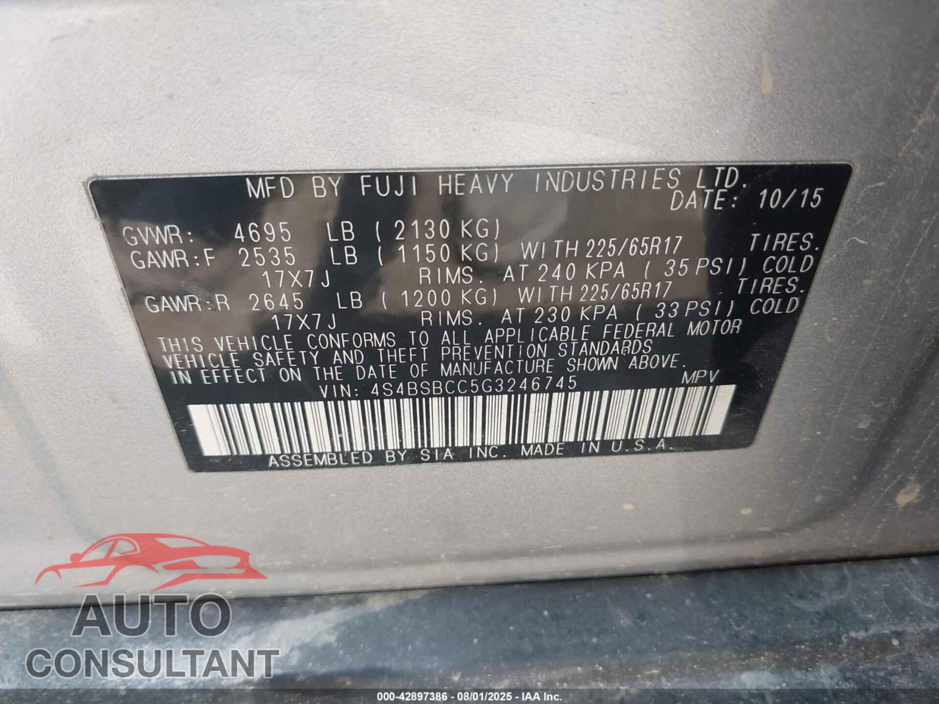 SUBARU OUTBACK 2016 - 4S4BSBCC5G3246745