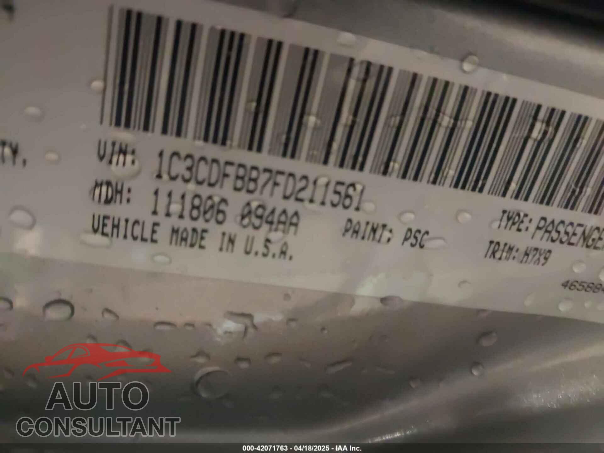 DODGE DART 2015 - 1C3CDFBB7FD211561