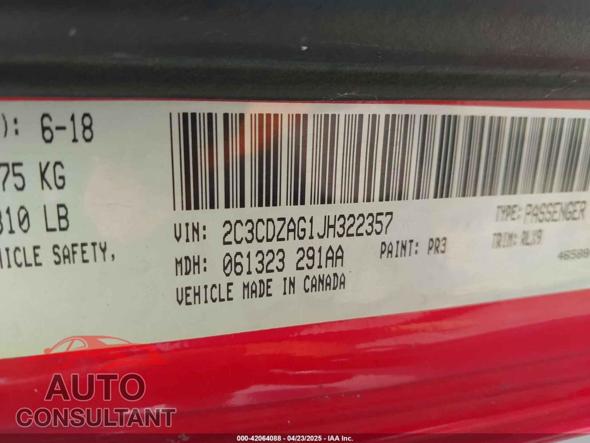 DODGE CHALLENGER 2018 - 2C3CDZAG1JH322357