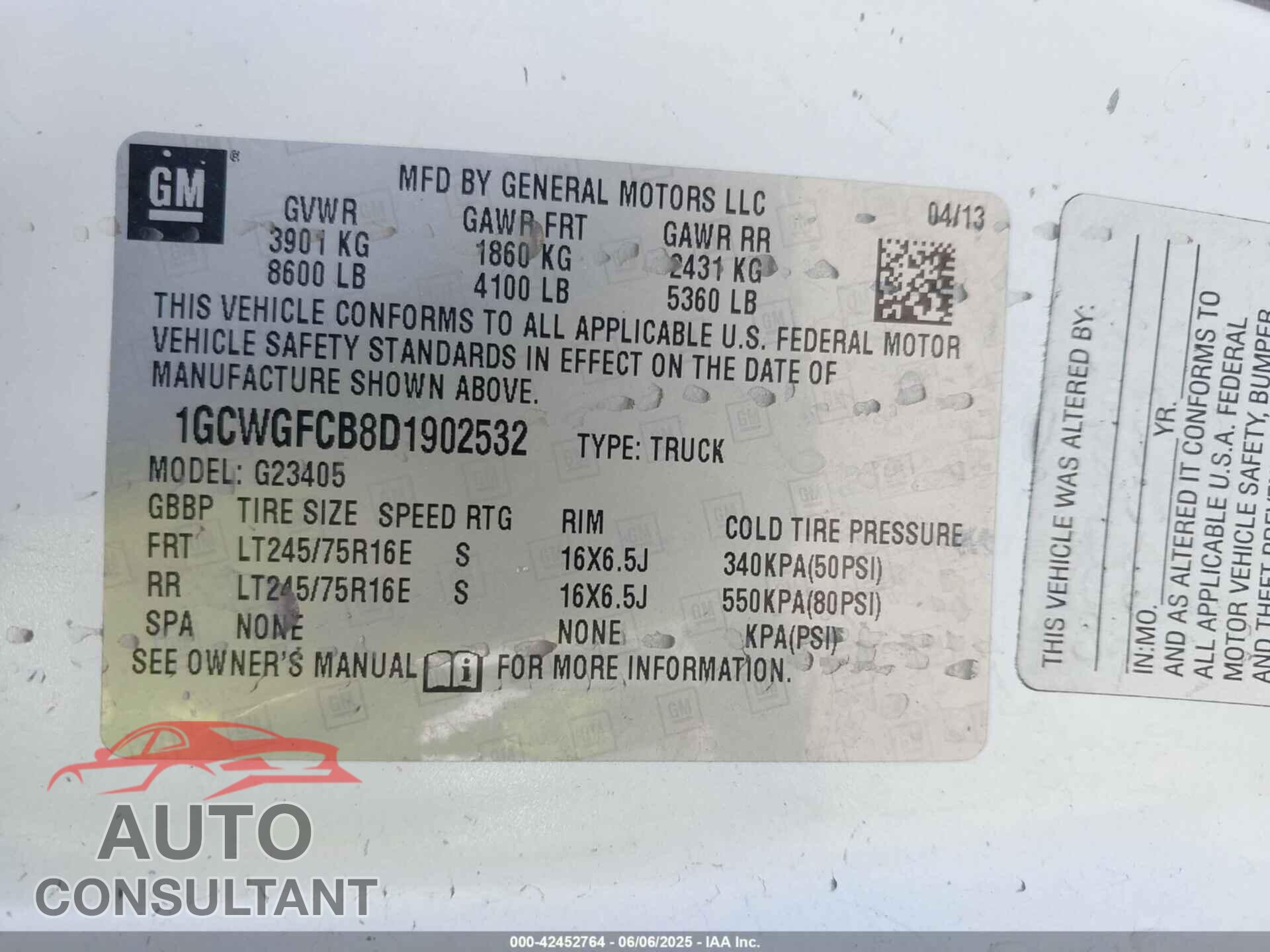 CHEVROLET EXPRESS 2500 2013 - 1GCWGFCB8D1902532