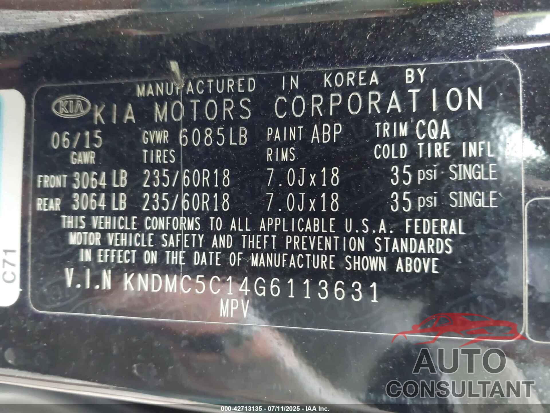 KIA SEDONA 2016 - KNDMC5C14G6113631