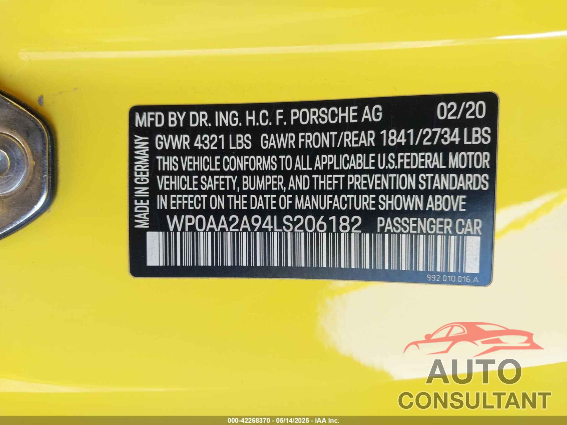 PORSCHE 911 2020 - WP0AA2A94LS206182