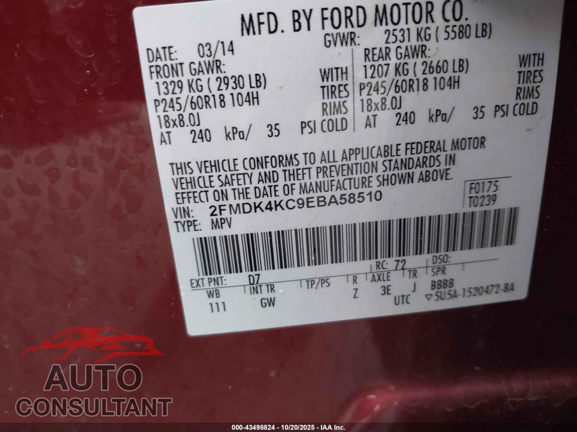 FORD EDGE 2014 - 2FMDK4KC9EBA58510