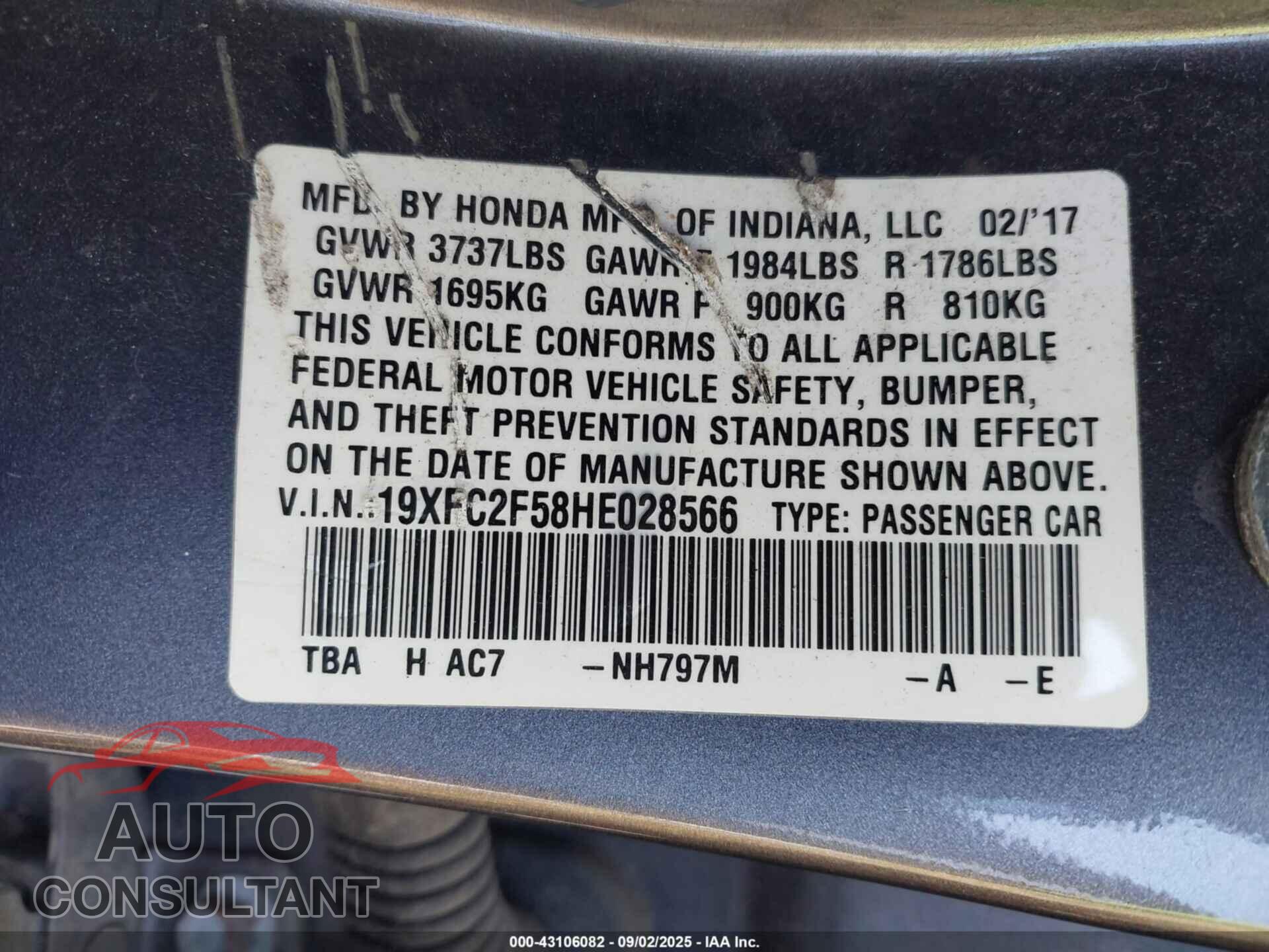 HONDA CIVIC 2017 - 19XFC2F58HE028566