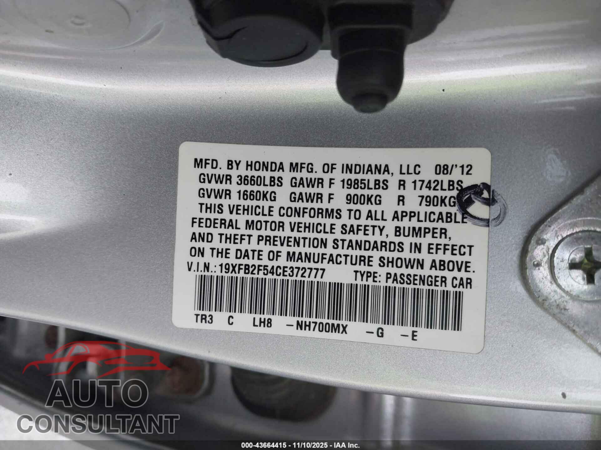 HONDA CIVIC 2012 - 19XFB2F54CE372777