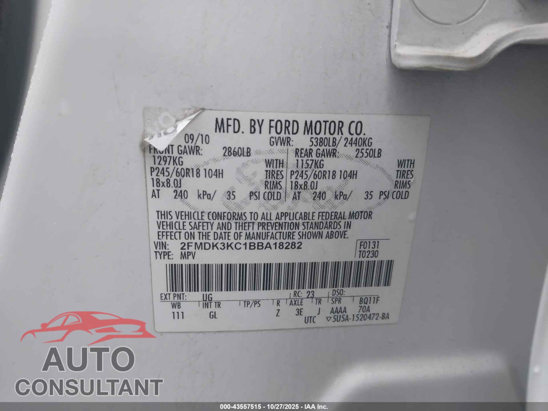FORD EDGE 2011 - 2FMDK3KC1BBA18282