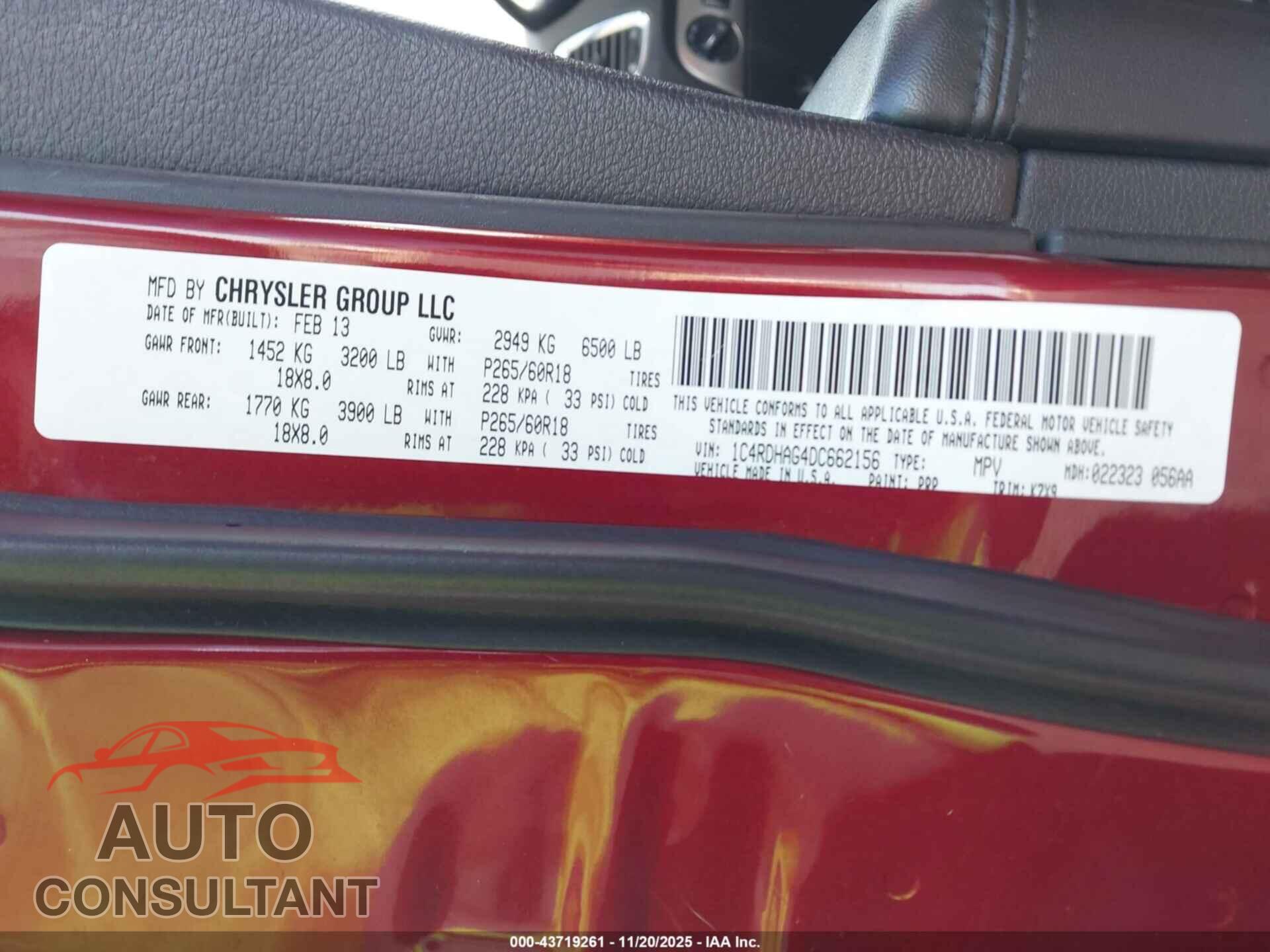 DODGE DURANGO 2013 - 1C4RDHAG4DC662156