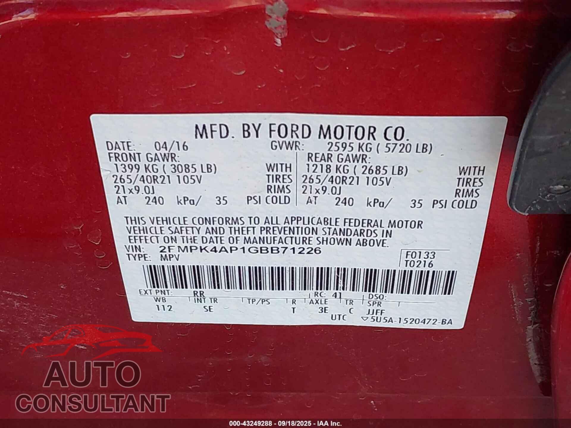 FORD EDGE 2016 - 2FMPK4AP1GBB71226